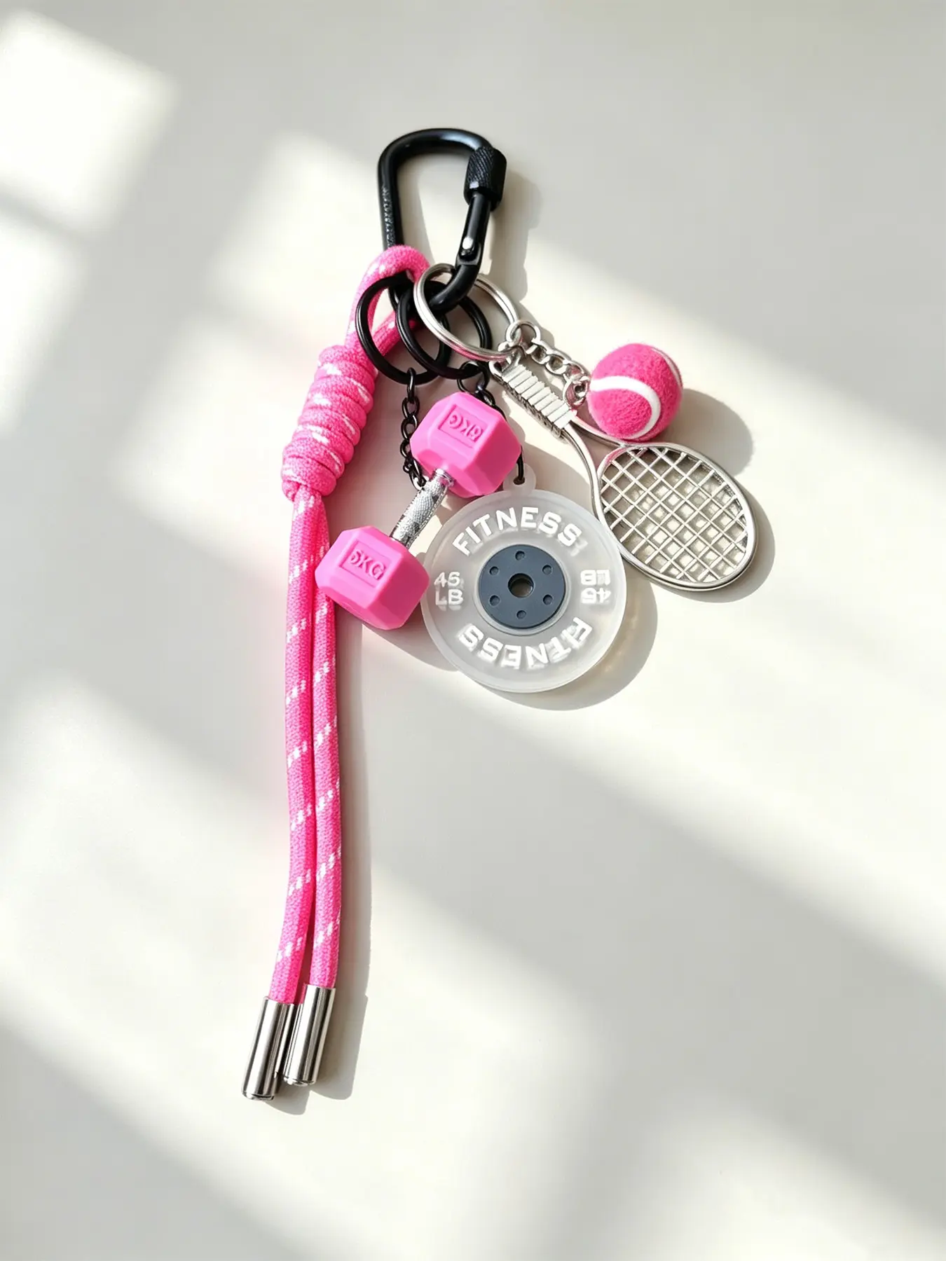 Cute Fitness Sport Keychain Mini 5KG Dumbbell Tennis Ball Racket Pendant Braided Lanyard Carabiner Key Holder Gym Bag Decor Small Gift For Tennis Player Fitness Enthusiast Girls
