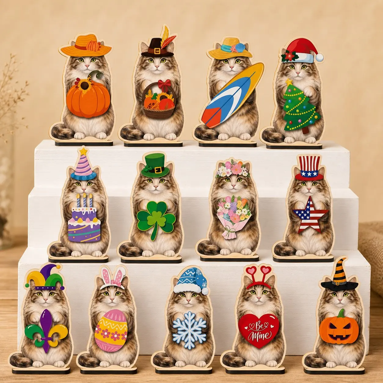 Cute Replaceable Wooden Ornament, Cat Shape Desktop Decor, Ideal for Living Room, Halloween, New Year, Party, Office Decoration