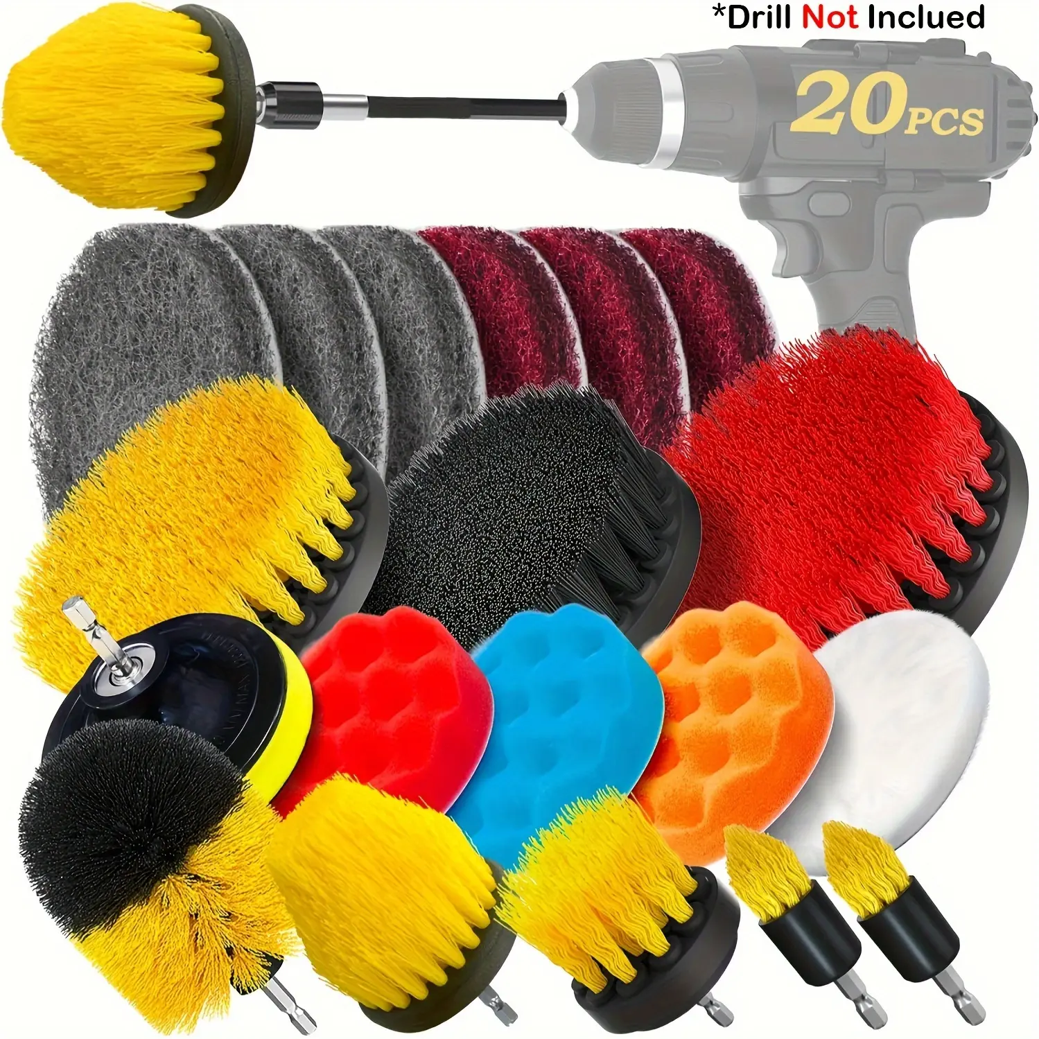 20Pack Drill Brush Attachments Set, Scrub Pads & Sponge, Buffing Pads, Power Scrubber Brush with Extend Long Attachment, Car Polishing Pad Kit, Cleaning Supplies, Shower Scrub, Scratch Brushes