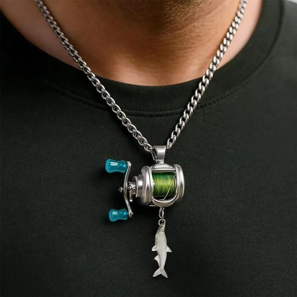 Unisex Functional Rotating Mini Fishing Reel Pendant Necklace - Engineering Design, Mechanics, Tackle-Inspired, Real Moving Line Guide, Minimalist Chain, Durable, Fidget Toy, Conversation Starter, Fish Necklaces, Fishermen Birthday Gift, Outdoor Accessory