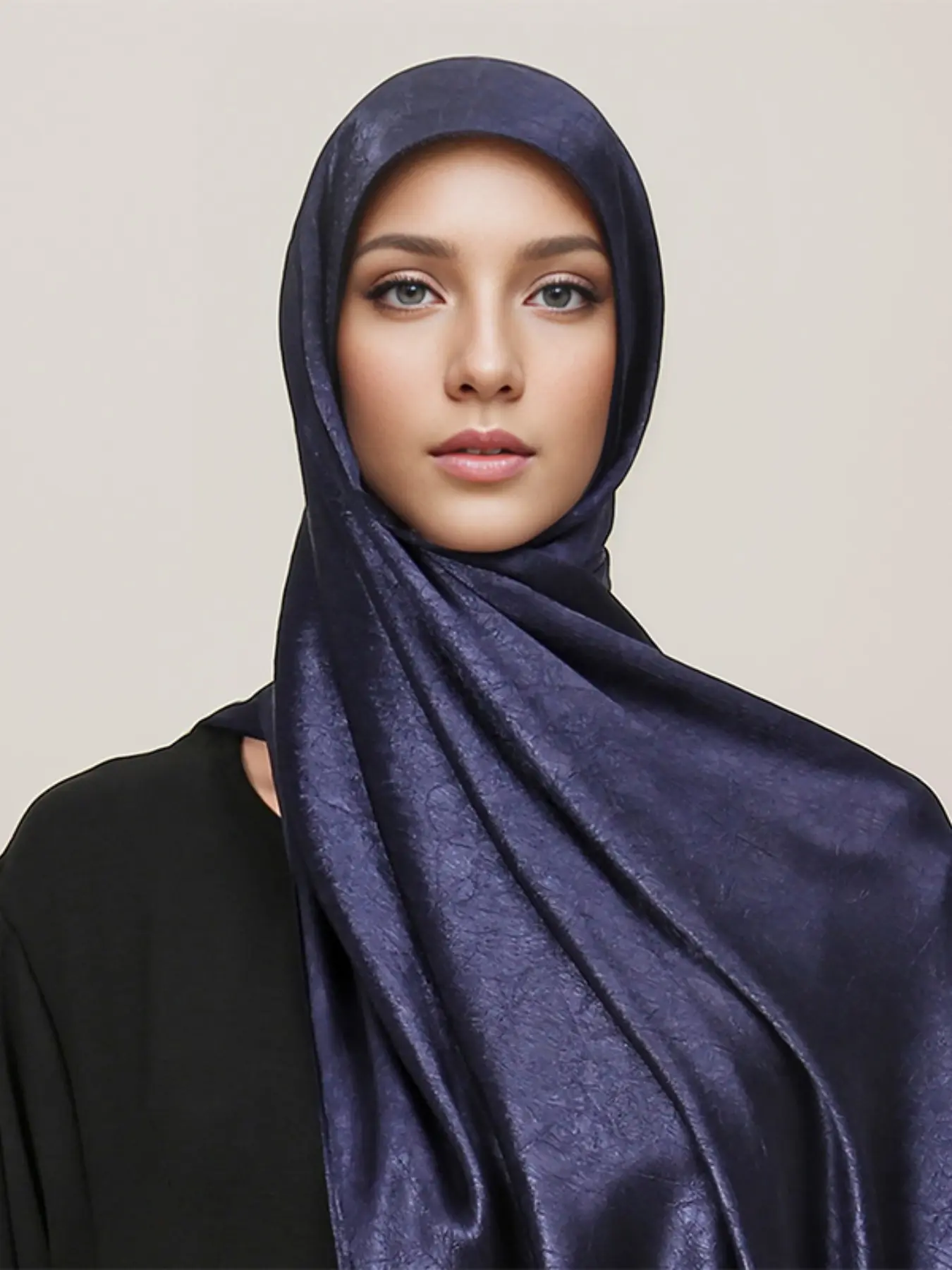 Women's Navy Crinkle Satin Hijab, Silky Lightweight Modest Headscarf, Perfect Birthday Holiday Gift for Women, Elegant and Comfortable