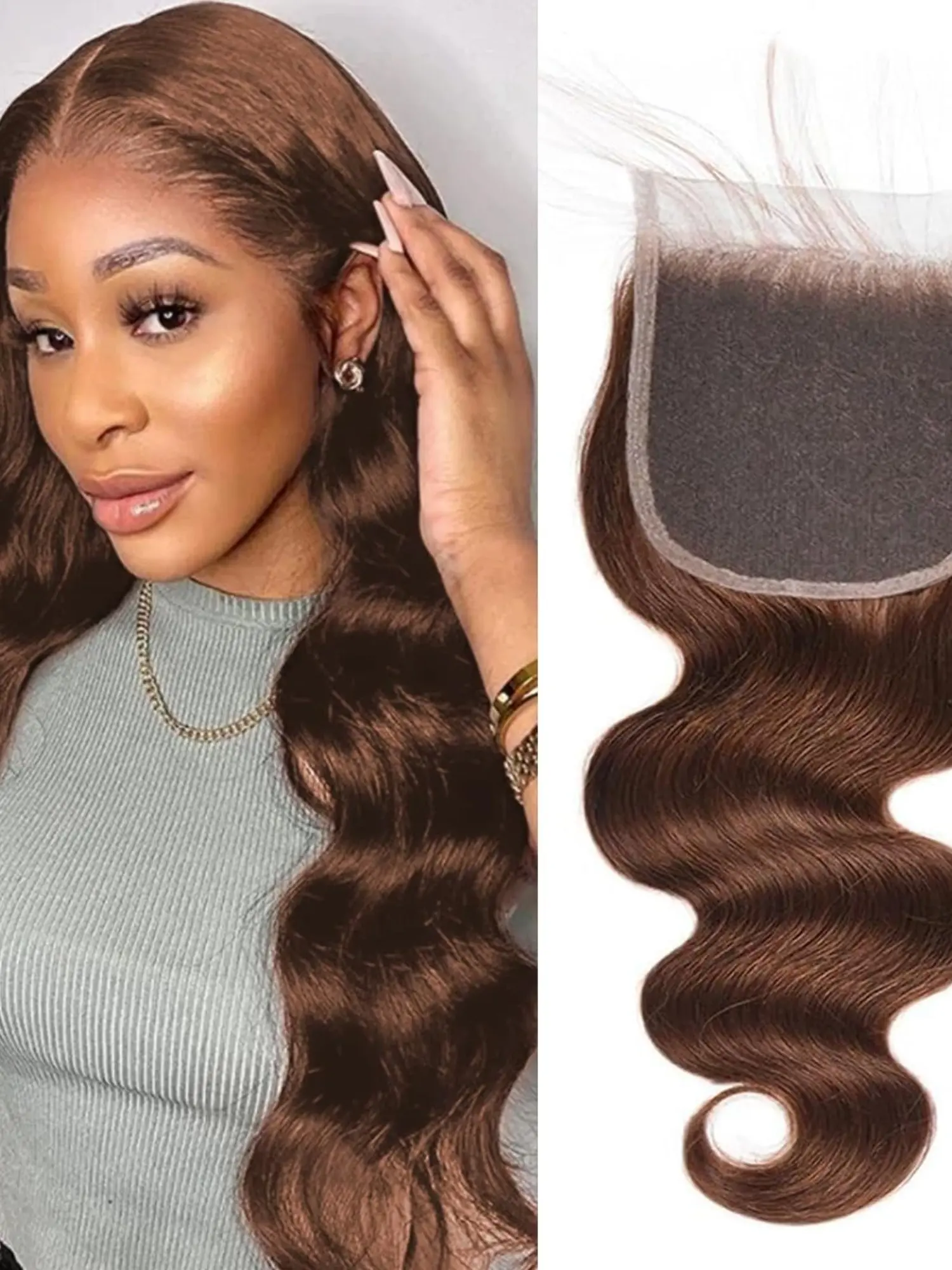 1PCS 4#-BW-LCF Body Wave 4x4 Lace Closure, 4# Brown Human Hair
