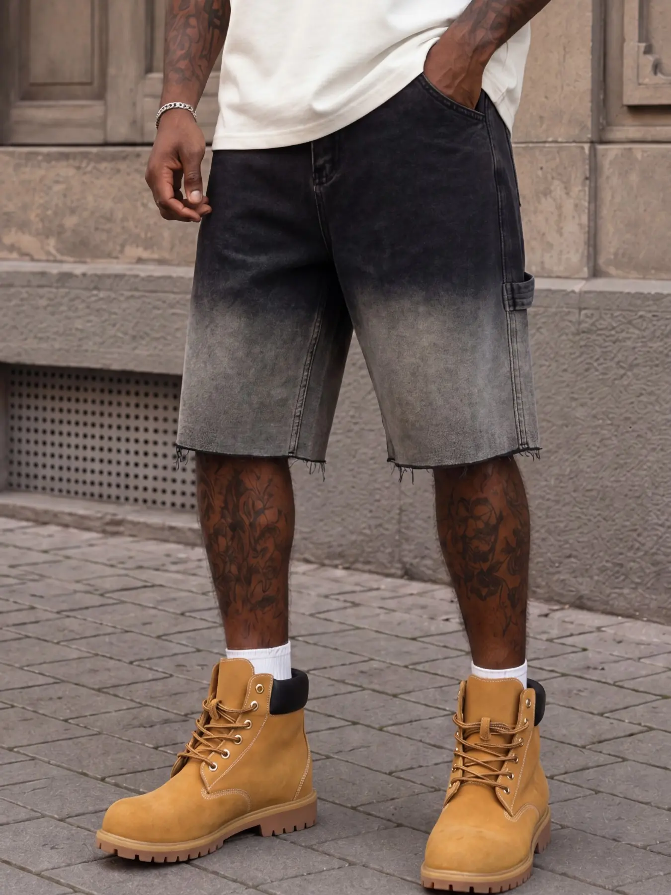 Men’s Black Gray Gradient Washed Loose Denim Shorts, Knee-Length Frayed Cargo Jorts, Vintage Y2K Hip-Hop Skate Streetwear Summer Casual Men’s Denim Shorts, Suitable as an Everyday Outfit Gift for Husband or Boyfriend