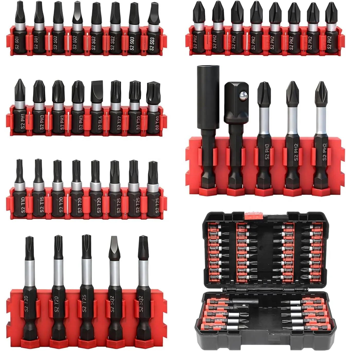 42-Piece Impact Screwdriver Bits Set with Phillips, Magnetic S2 Steel Phillips/Slotted/Square/Torx Insert Power Bits Tips, Impact Bit Holder with Black Storage Box Case