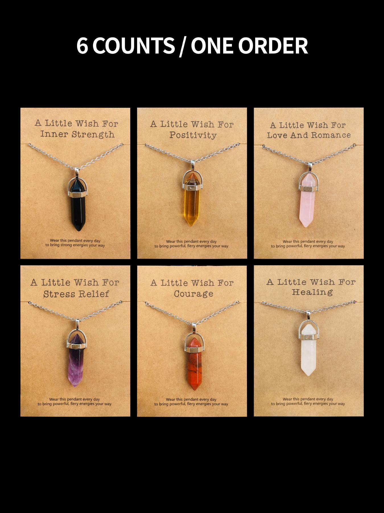 Natural Crystal Necklace Set, 6 Pcs/set Wish Card Necklace, Fashion Pendant Necklace for Women & Men, Trendy All-match & Exquisite Jewelry for Birthday Gift, Gifts for Girlfriend, Amethyst Crystal, Natural Healing Crystal, Crystal Jewellery