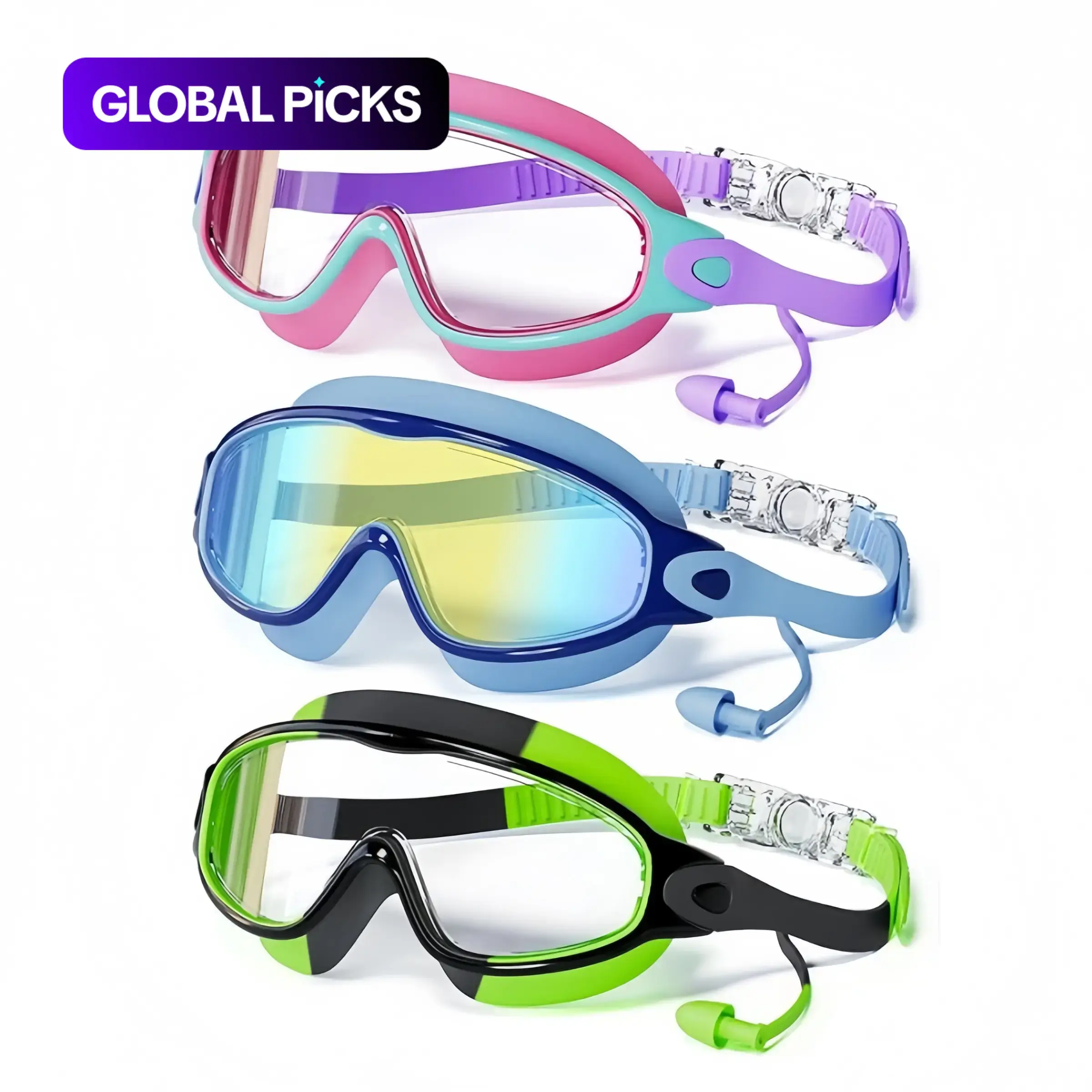 3-Piece Swimming Goggles Set, Children's Water Goggles with Earplugs and Nose Clip, Large-Frame Wide-View Anti-fog & UV-Protection Swimming Goggles for Kids Ages 4-12, Suitable for Boys and Girls, UV Protective Goggles, Pool Goggles #GLOBAL PICKS