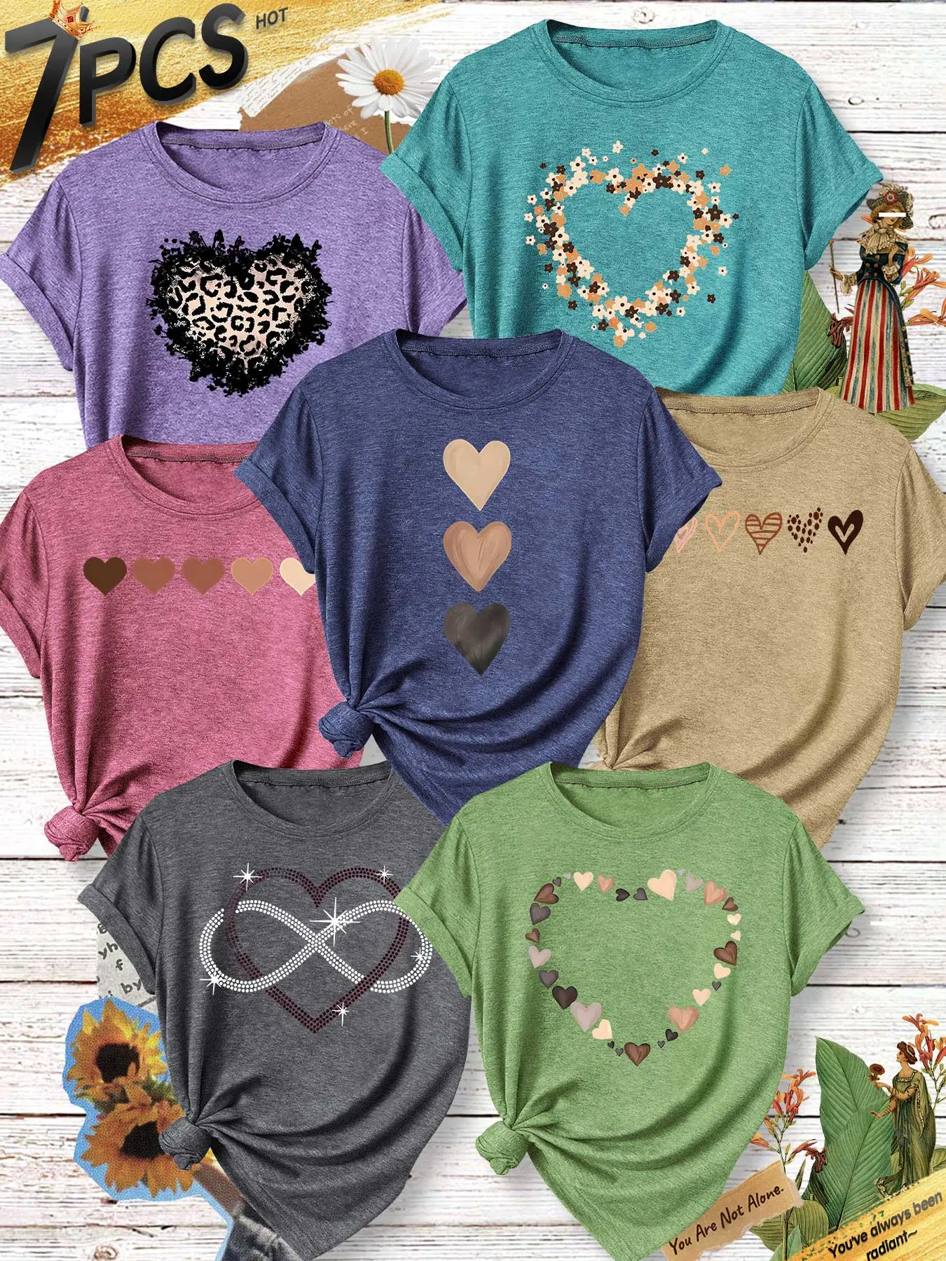 7Pcs Women Summer Crew Neck T-shirt, Infinity Pearl Heart Floral Wreath Vintage Leopard Print, Multi-color Soft Fashion Casual Ladies Tees Top