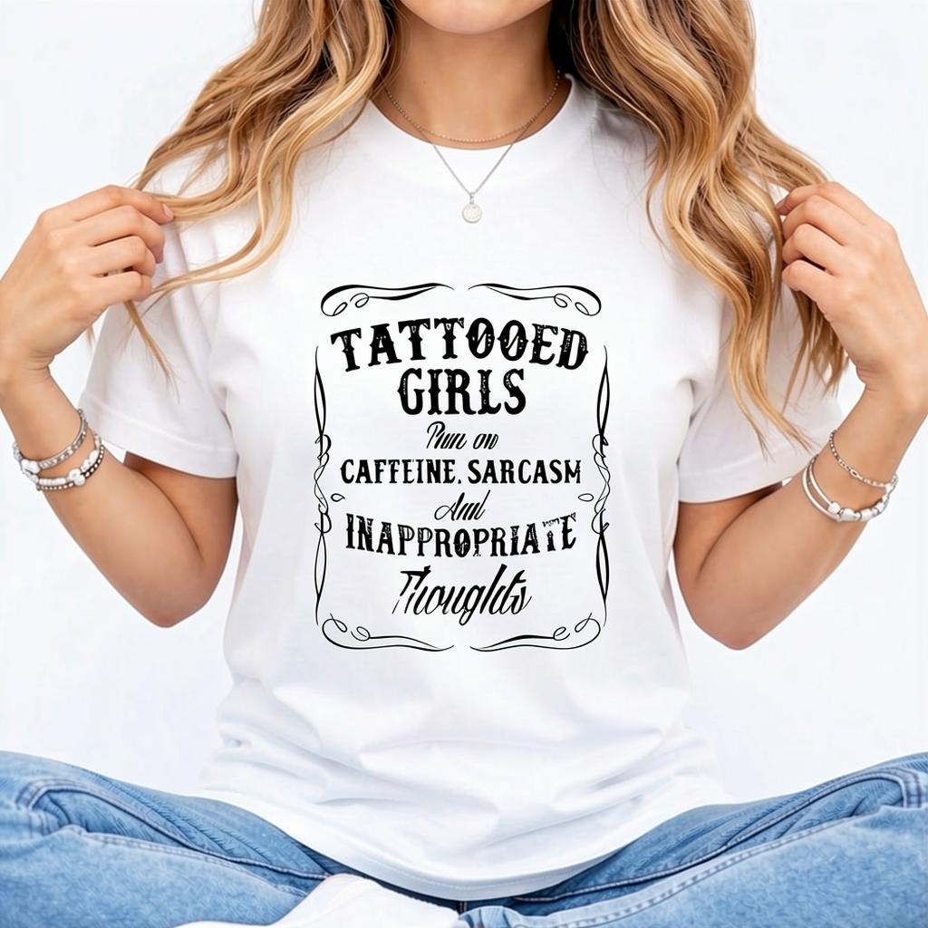 Women's Tattooed Girls Print Round Neck Tee, Vintage Trendy Casual Chic Minimalist Short Sleeve T-shirt for Daily Wear, Ladies Summer, Top, Streetwear, Womenswear