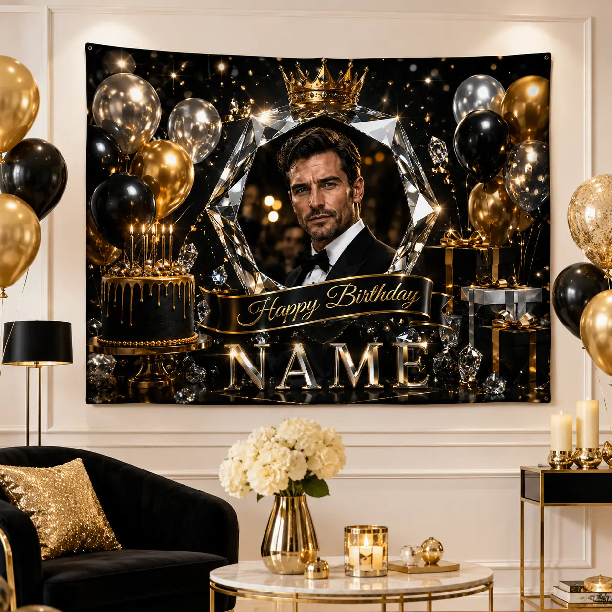 Custom Black Gold Birthday Backdrop Personalized Photo Banner Crown Theme Luxury Party Decoration Fabric Wall Tapestry