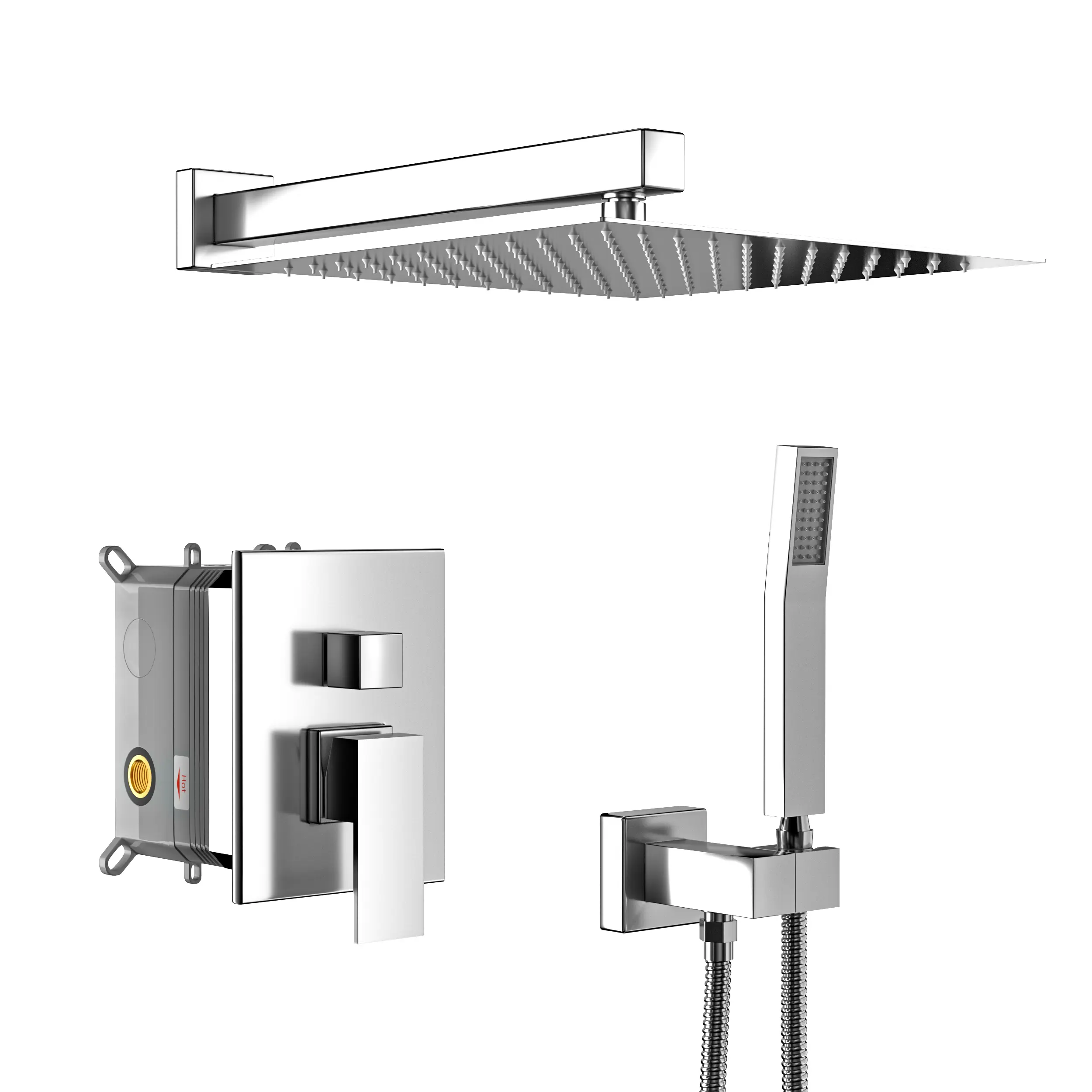 ARCH 12 Inch Square Dual Shower Head Wall Mounted Shower System with Rough-in Valve, Chrome Finish, Fixed Rainfall and Handheld Combo for Bathroom, Modern Square Design, Complete Shower Set, Bathroom Shower Door for Bathtub, Shower Room