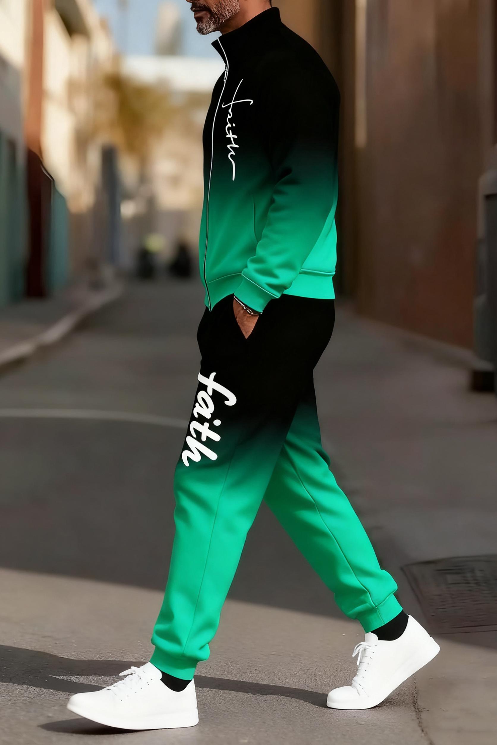 Men's Fashionable Two-Piece Set Gradient Multi-Colored Sportswear Street Fashion Sporty Vibe Trendy Look