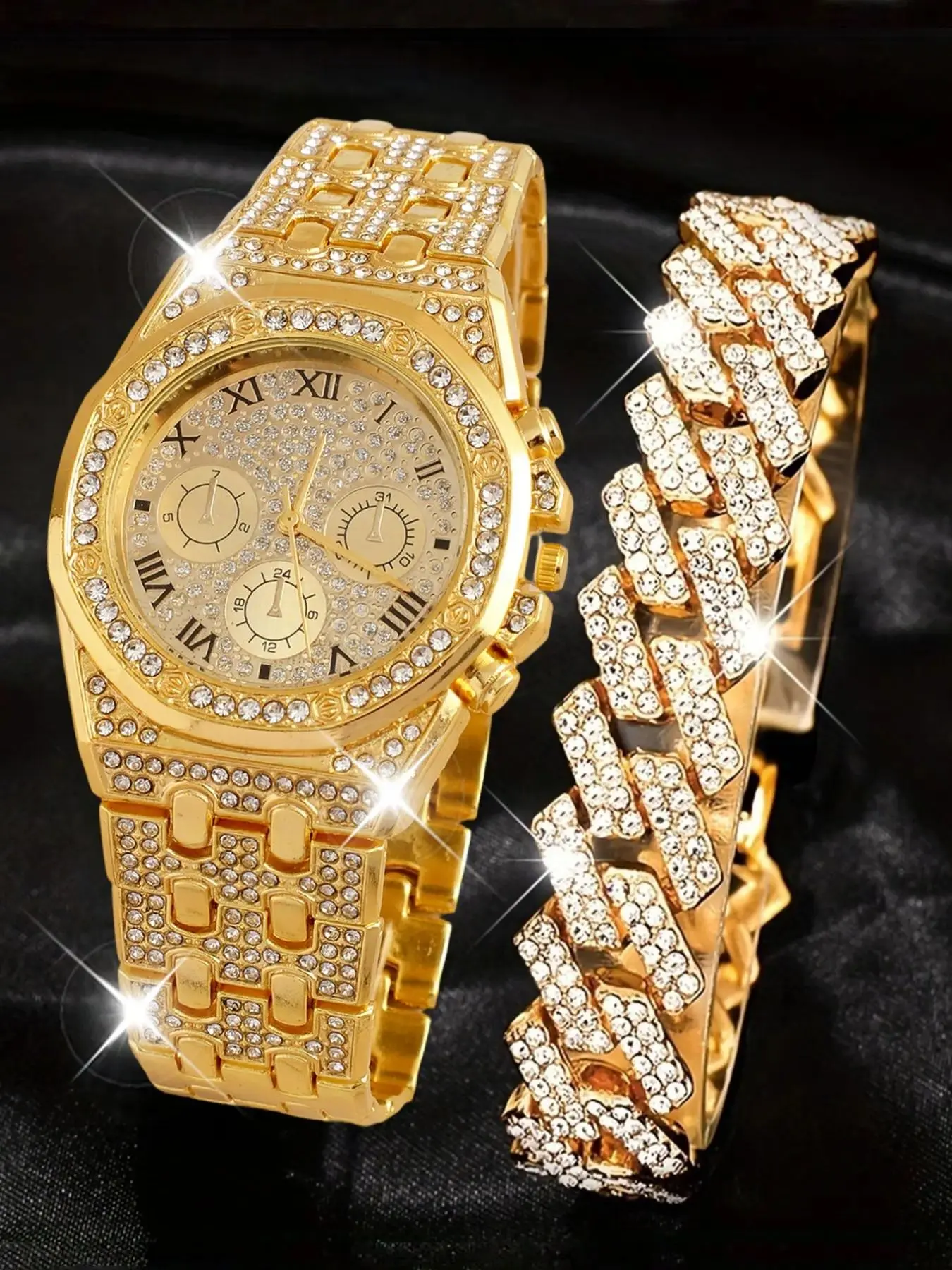 2 Piece Set Luxury Rhinestone Watch and Bracelet Combo, Quartz Watch Set, Fashionable Watch, fashionable wristwatch set, Hip Hop Fashion Jewelry, Unisex Gift for Holidays and Birthdays