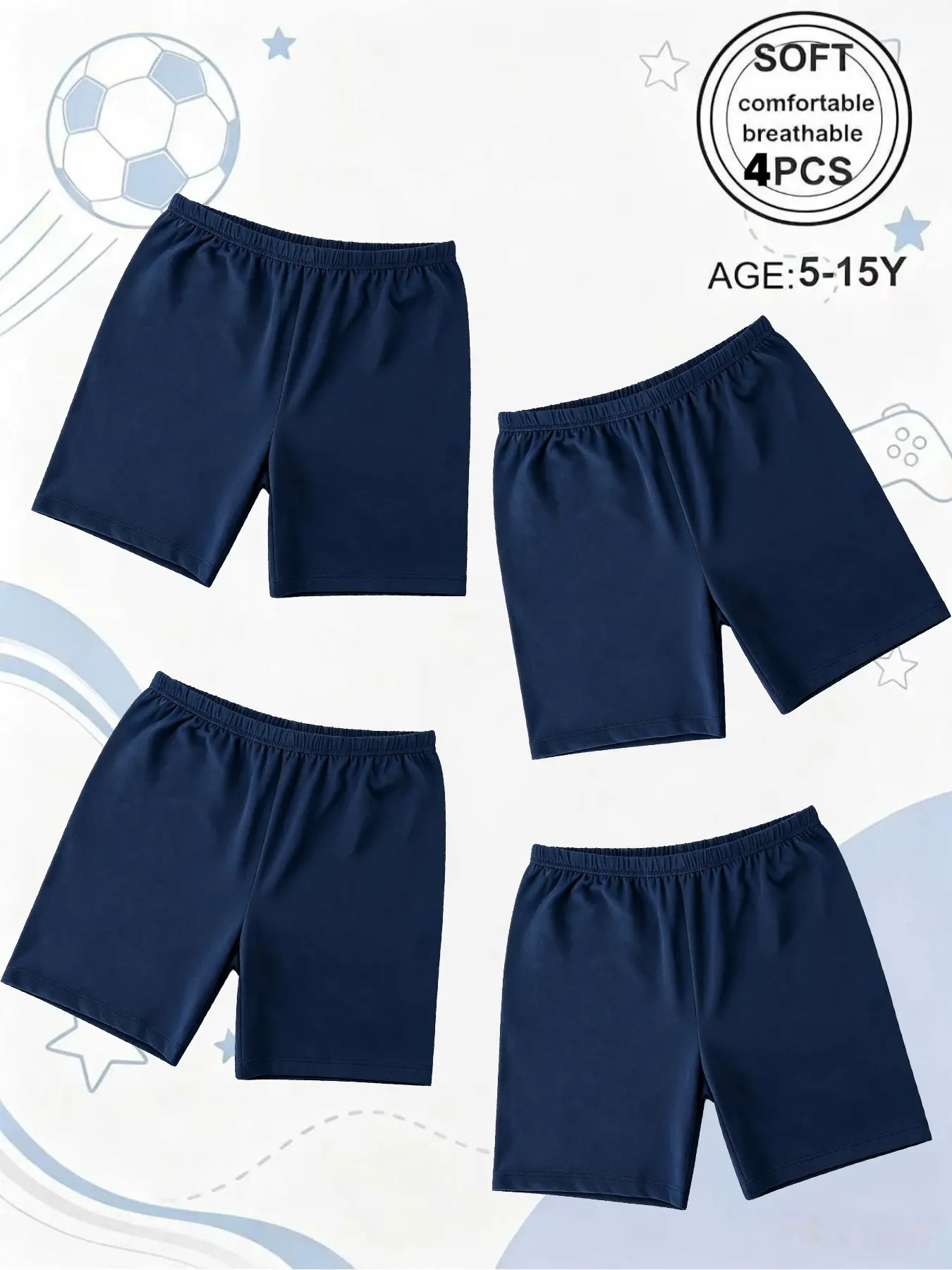 Boys' Casual Plain Shorts 4-Pack, Loose-Fit Elastic Waist, Breathable Durable Quick-Dry, Easy Care, Home School Outdoor Wear