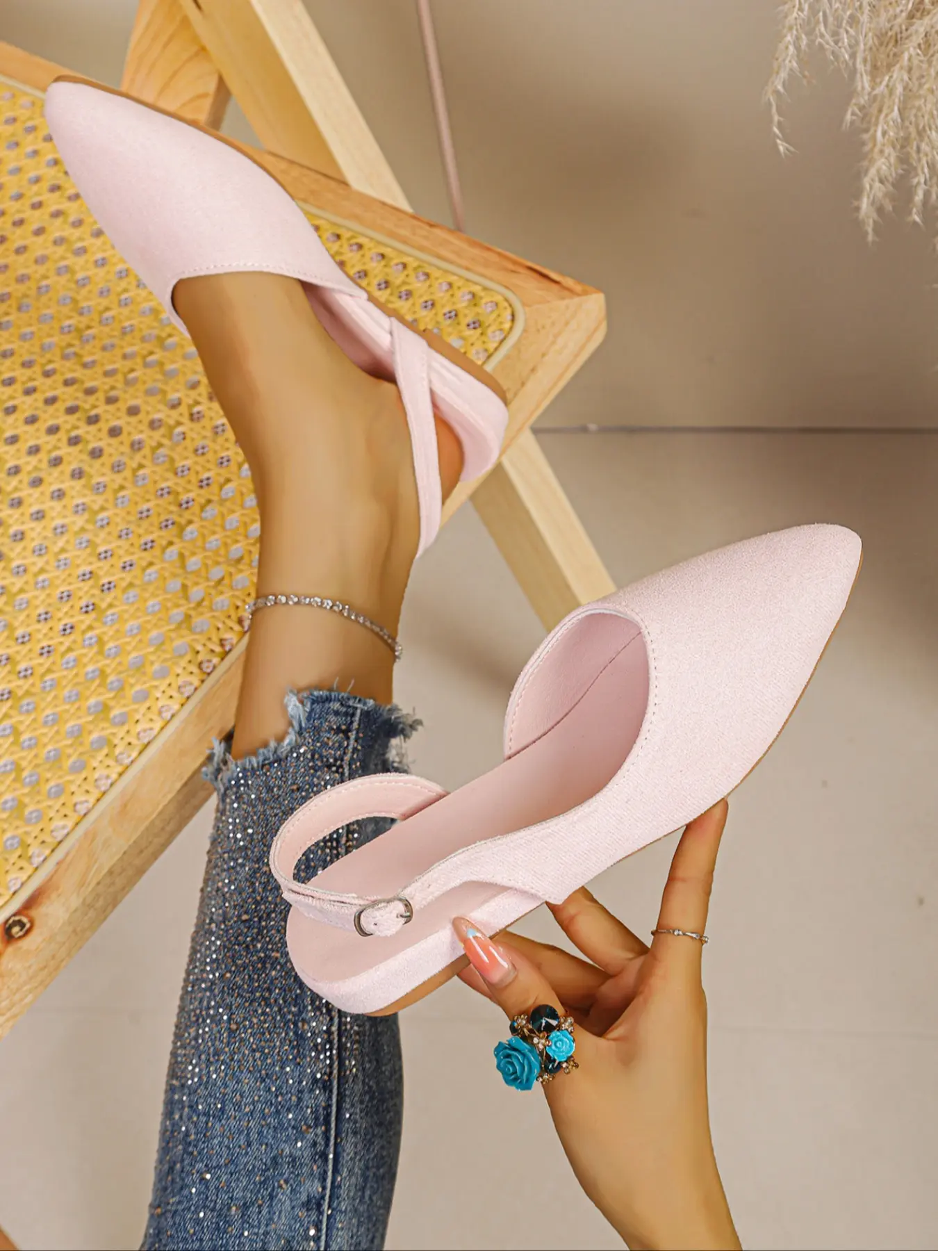 Women's Suede Pointed Toe Adjustable Buckle Slingback Flat Pumps, Thin Back Strap Mules, All-Season Soft Cushioned Insole Daily Footwear, Summer, Lightweight Outdoor Office Shopping Walking Flats, Casual Wedding Date Bridal Dress Shoes, Stylish Sweet Mini