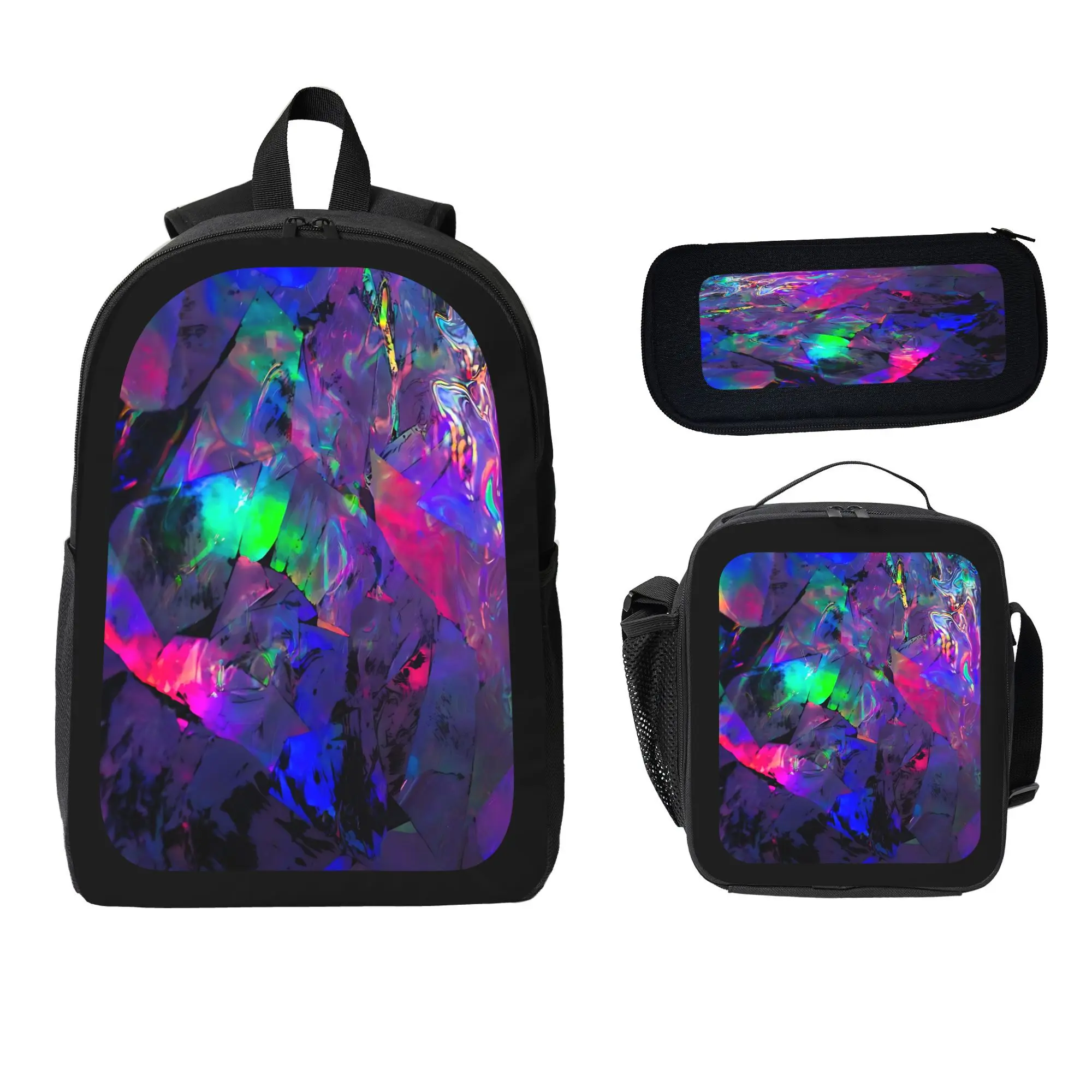 Iridescent Holographic Broken Crystal 3PCS Backpack Set, Rainbow Neon Cracked Prism Print School Backpack with Insulated Lunch Bag & Pencil Case for Teens Girls