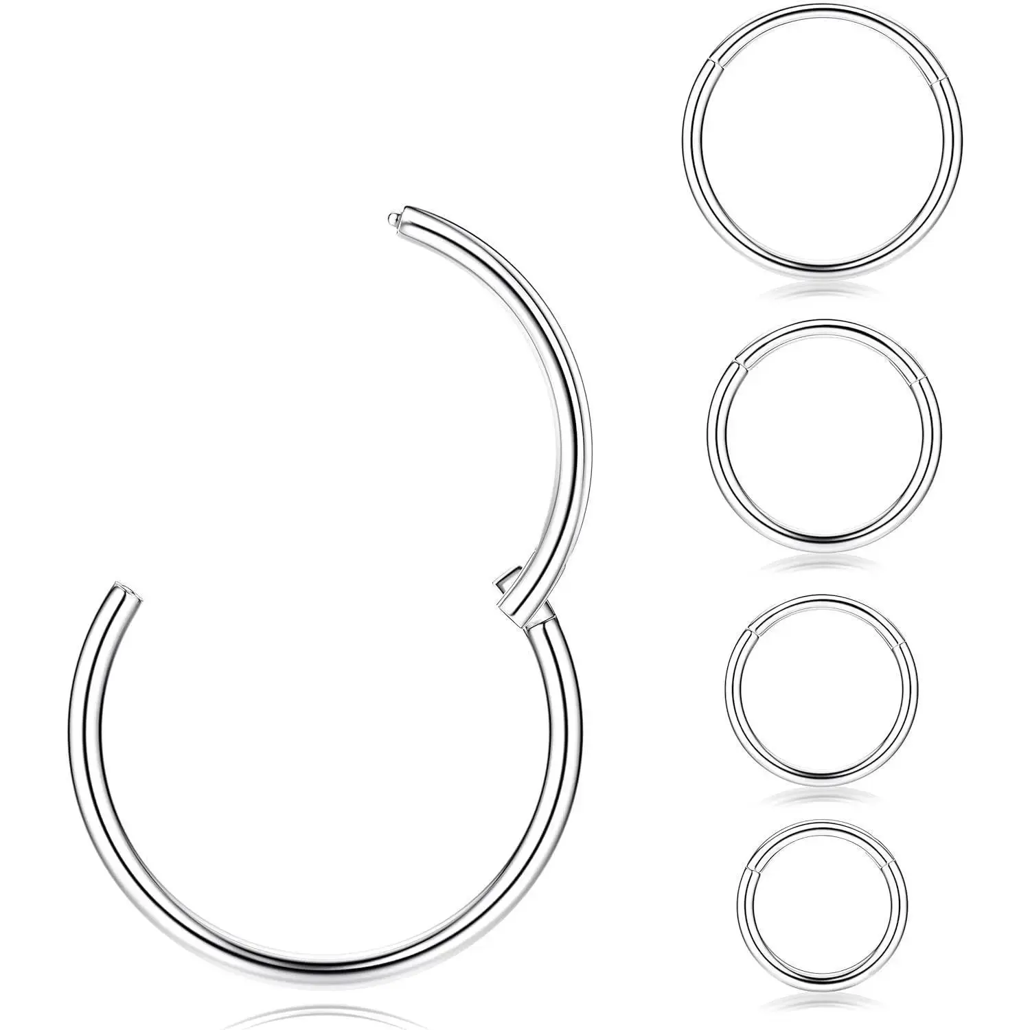 5-Count Non-Tarnish G23 Titanium Clicker Nose Piercing Hoops, Unisex Septum Ring Body Jewelry (6/7/8/9/10mm, Daily Wear for Cartilage, Daith)