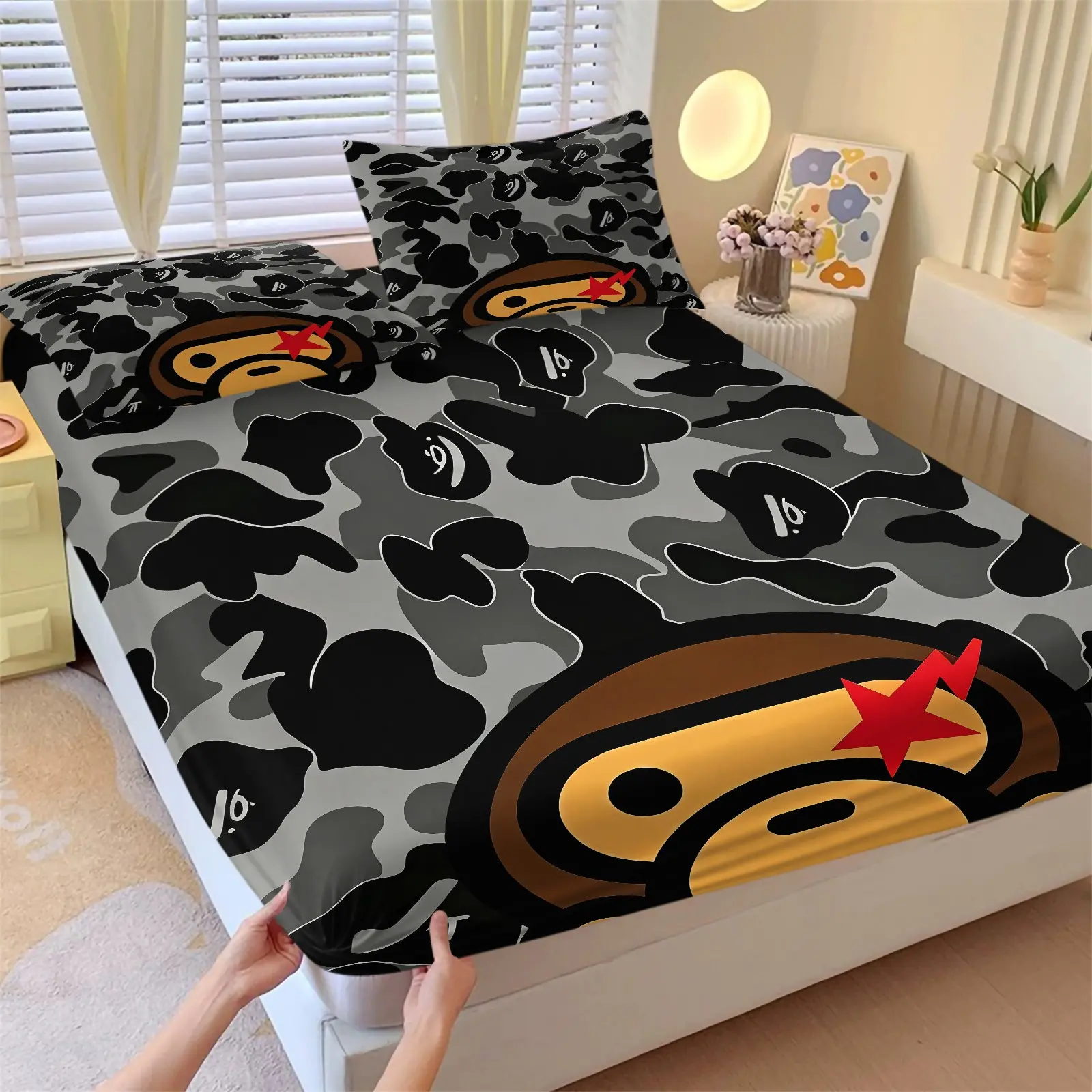 Black Grey Camo Cartoon Ape With Red Star Print Fitted Sheet Set. Includes 1 Fitted Sheet + 2 Pillowcases. Soft Comfortable Deep Pocket Bed Sheets Stretch Wrinkle Resistant Non Slip Bedding For Teen Boys And Girls Y2K Streetwear Style Bedroom