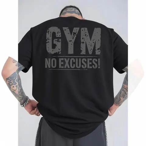 Men's Gym Outfits Classic Fashion Graphic Tee - "Gym No Excuses" Back Print, Breathable Regular-Fit Short-Sleeve Round-Neck Heavy Cotton Casual Athletic Top for Workout