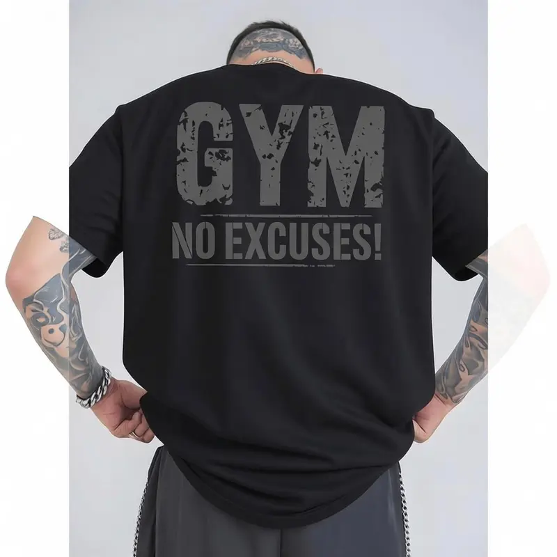 Men's Gym Outfits Classic Fashion Graphic Tee - "Gym No Excuses" Back Print, Breathable Regular-Fit Short-Sleeve Round-Neck Heavy Cotton Casual Athletic Top for Workout