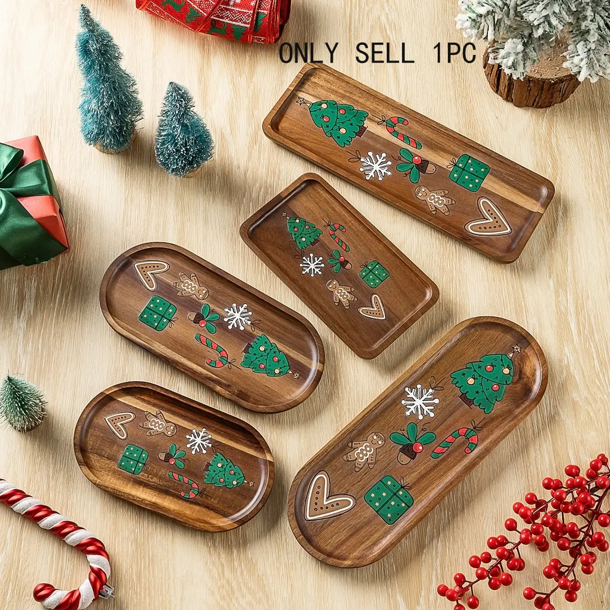 1pc Christmas Cartoon Print Toon Wood Tray, Holiday Decor Serving Dish, Baking Sweet Treats Cake Coffee Tea Point Tray