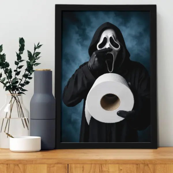 Funny Scream Ghostface Bathroom Canvas Wall Art Poster - Horror Movie-Inspired Black Aluminum Framed Print, Spooky Home Decor for Bathroom, Bedroom, Gift for Horror Fans