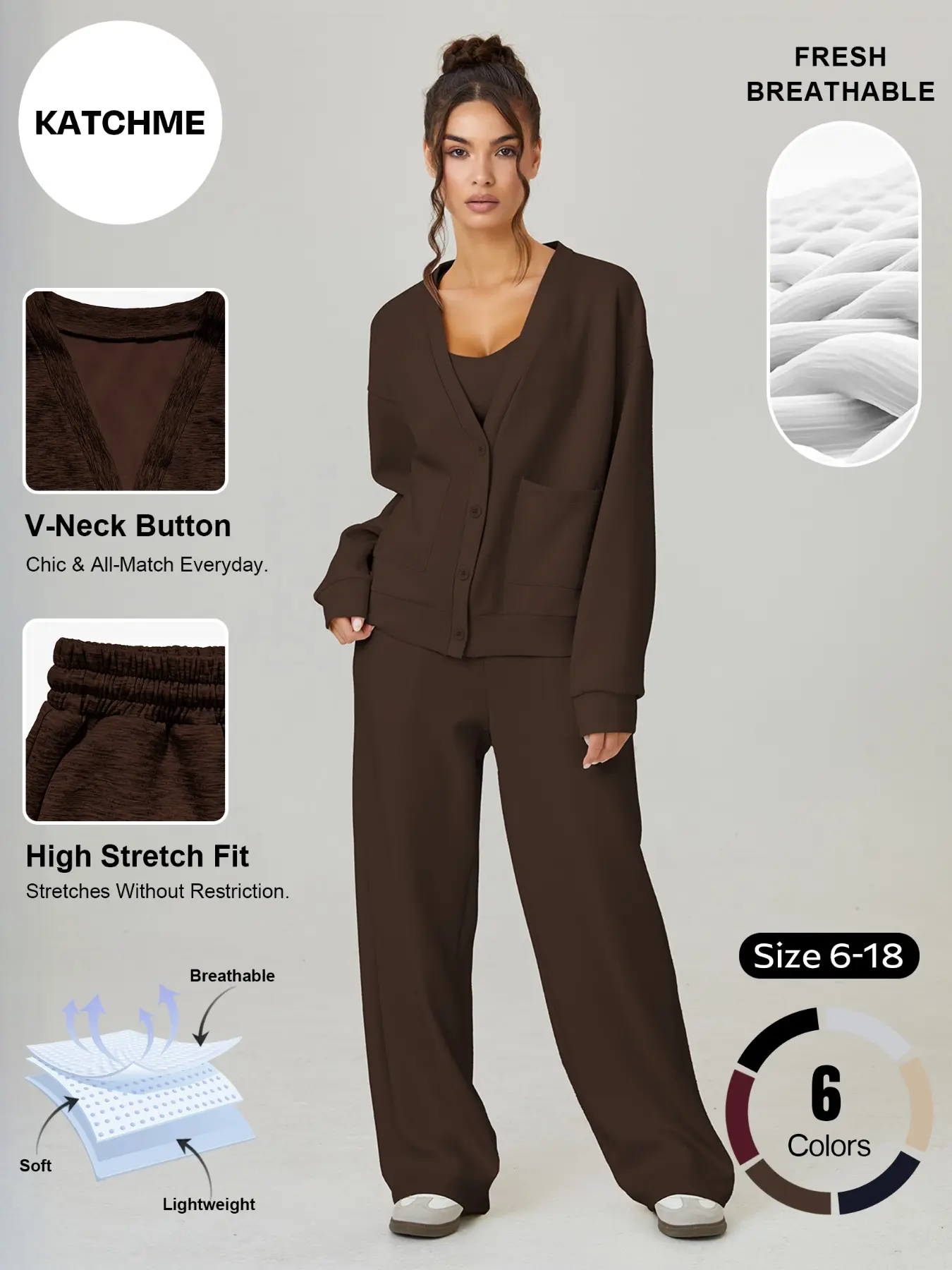 Women's Long Sleeve Button Front Cardigan and Wide Leg Pants Set, Elegant Knit Style, Casual Everyday Home Loungewear Pajama Set for Spring & Fall, Pjs, Homewear