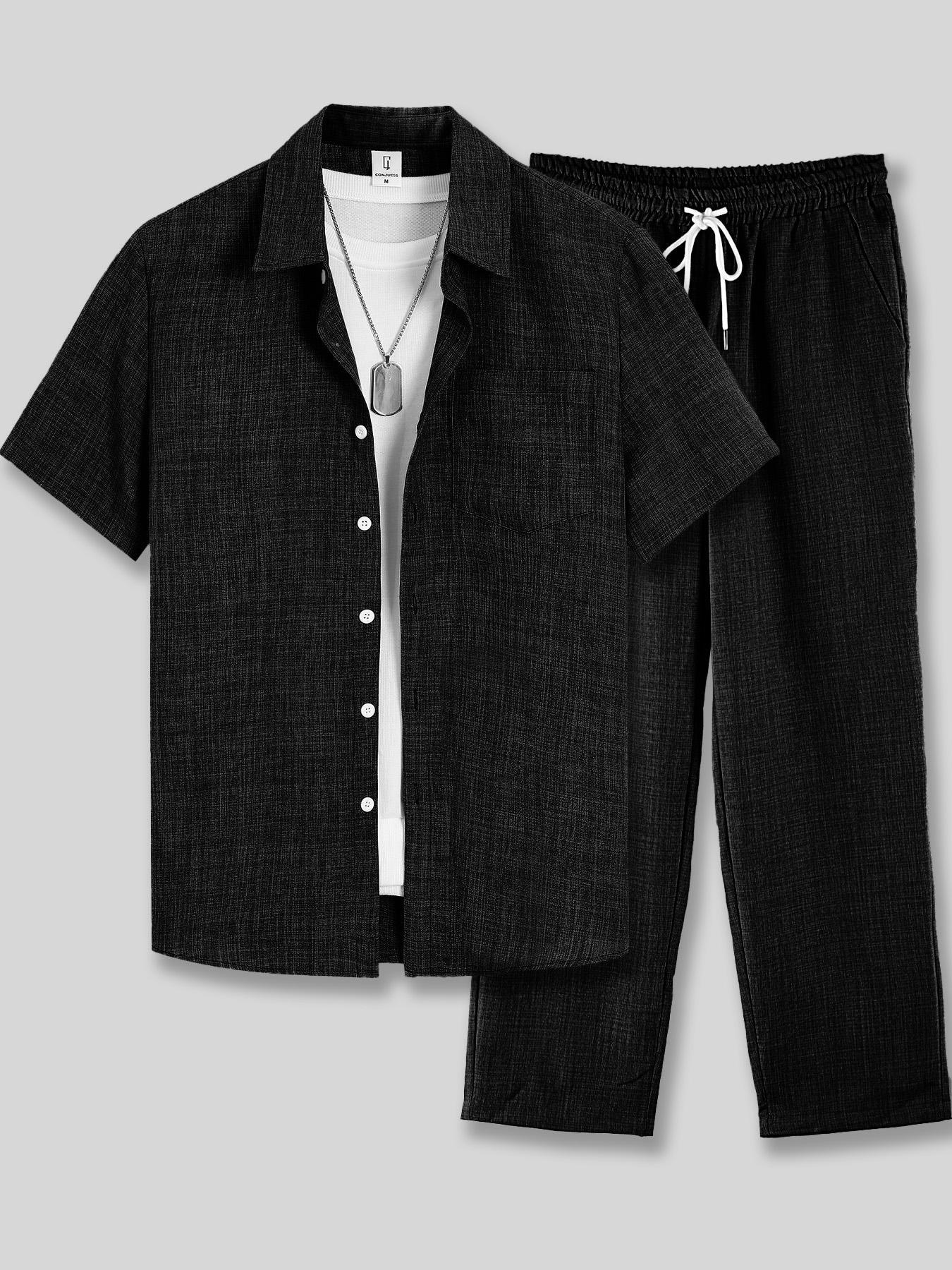 Men's Solid Button Shirt & Drawstring Waist Pants Loungewear, Menswear Loose Casual Comfy Short Sleeve Collared Top & Trousers Pajama Set, Men's Sleepwear for Summer Pjs