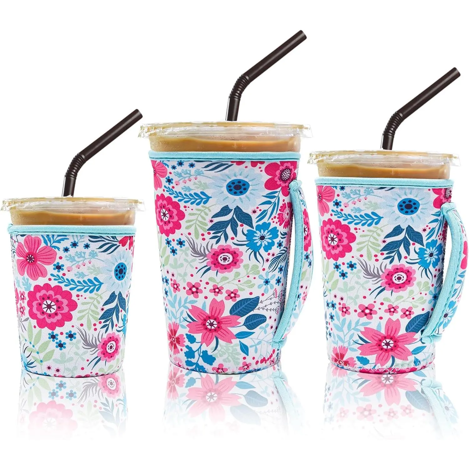 3 Pack Floral Neoprene Iced Coffee Sleeves With Handle, Reusable Anti-Condensation Insulated Cup Cozies 3 Sizes Fit 16-32oz Starbucks Dunkin Cold Drink Cups, Cute Summer Beverage Holders organizer