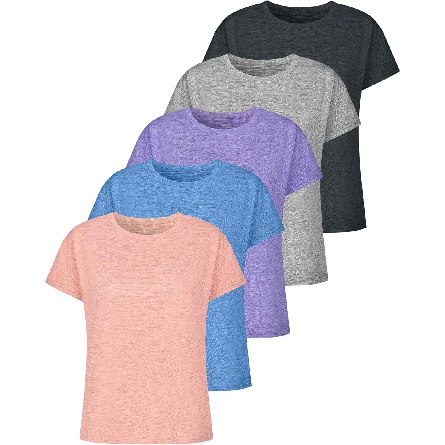 Female 5-Pack Short Sleeve Workout Tees - Crew Neck, Soft Comfortable, for Running & Gym - Available in Purple, Orange, Dark Gray, Lavender, Light Gray, 5Pack:purple/Orange/Dark Gray/Lavender/Light Gray