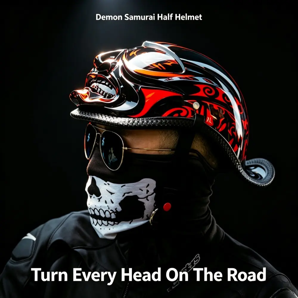 Japanese 3D Oni Devil Motorcycle Half Helmet, Unisex Halloween Cosplay Riding Gear, Retro Vintage Cruiser Design, Safety Helmet for Men and Women