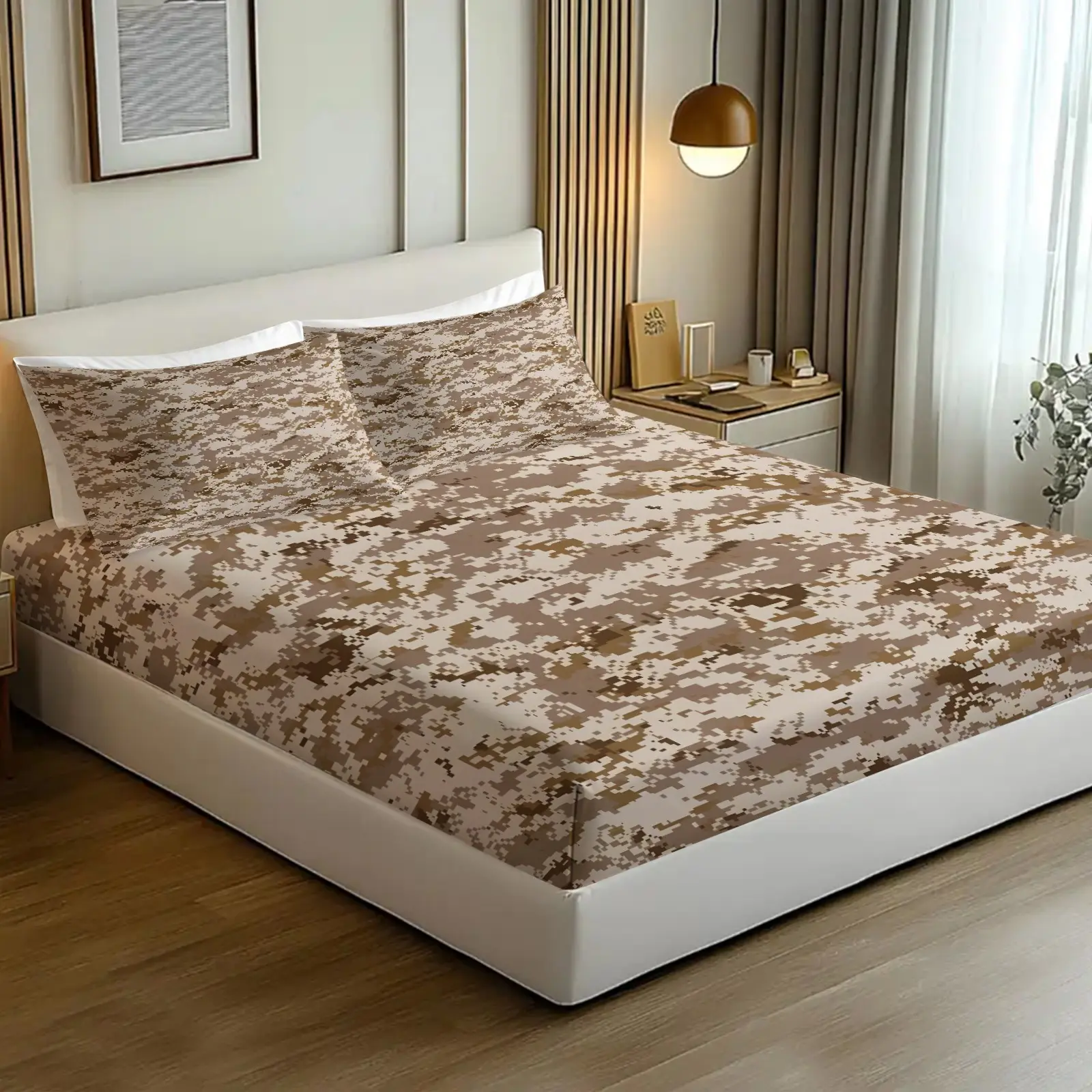3-Pcs Camouflage Fitted Sheet Set (1 Fitted Sheet + 2 Pillowcase), Military Camouflage Bedding, Men and Women'S Military Enthusiasts' Bedroom Decor, A Gift for Soldiers and Outdoor Hunting and Tactical Enthusiasts (Multiple Patterns Available).