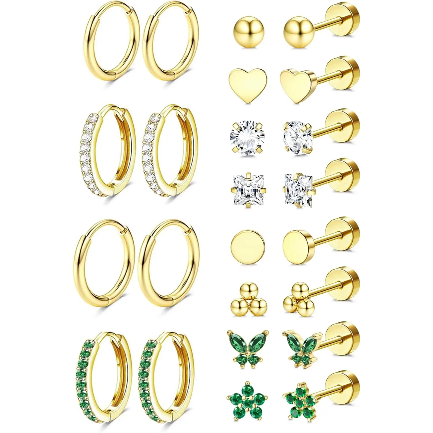 FIASASO Hypoallergenic Earrings for Sensitive Ears, Comfortable Flat Back Earrings for Sleeping, Surgical Steel Cartilage Earring Stacks for Multiple Piercing 14K Plated Gold Nickel-Free Jewelry