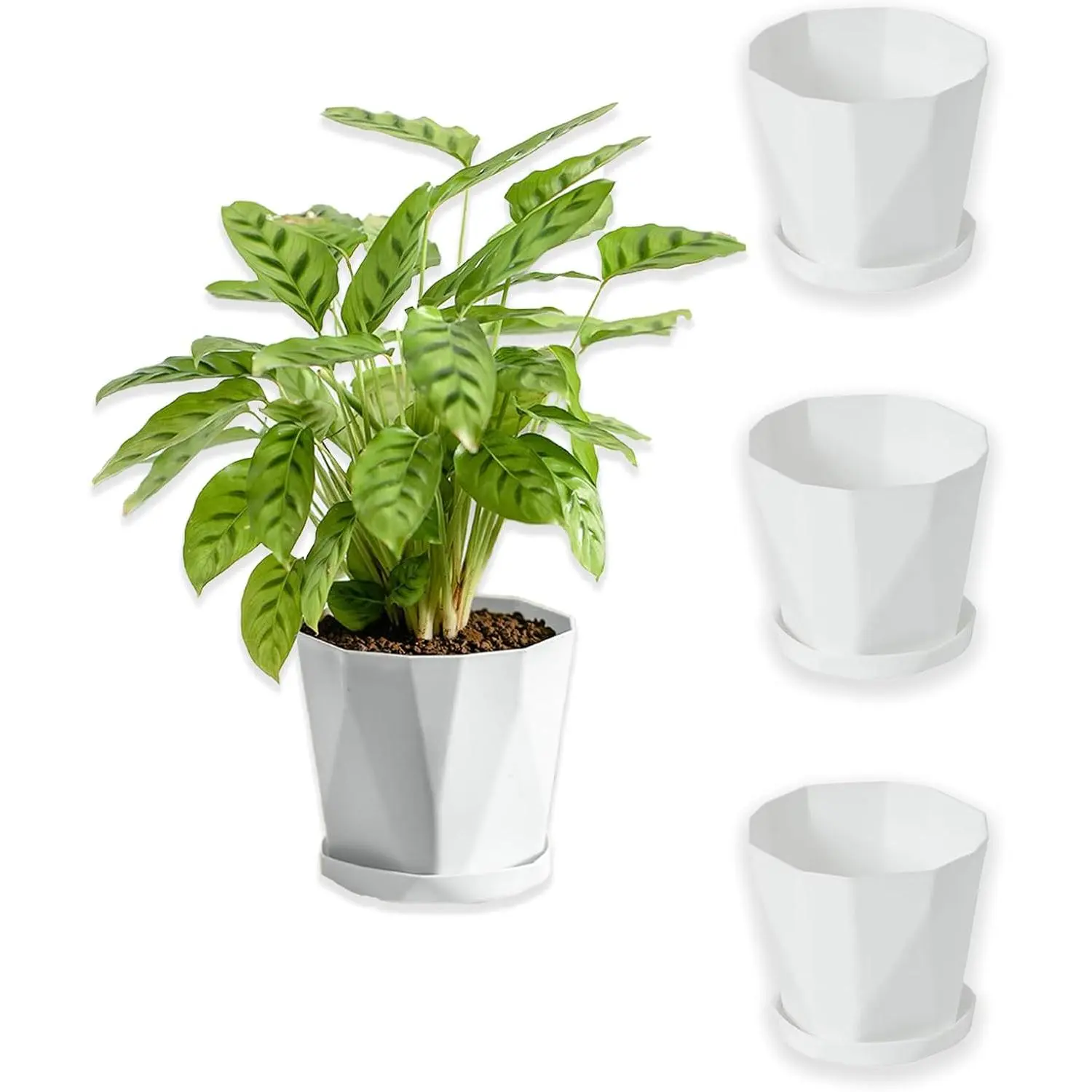Modern 4-Pack 5 Inch Plastic Flower Pots with Drainage Hole - Both Indoor/Outdoor Plant Container Set Pack for Home Garden Supplies (White)
