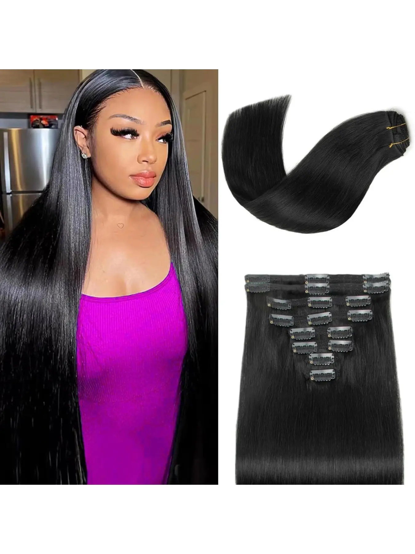 8Pcs Invisible Clip in Straight Hair Extensions for Women (14-28 Inch), Human Hair, 18 Clips, Seamless Lightweight Weft, Natural Look, Beginner Friendly & Easy to Install