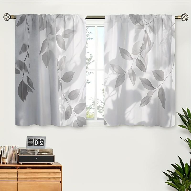 2pcs White and Gray Leaf-patterned  Kitchen Printed  Small Short Cafe  Rod Pocket Bathroom  Treatments Tiers Kitchen Living Room Office Bedroom Home Decor 39.9x27.5 Inch LW429C1L97 casual party decoration curtain high ceiling room decor set inganchos