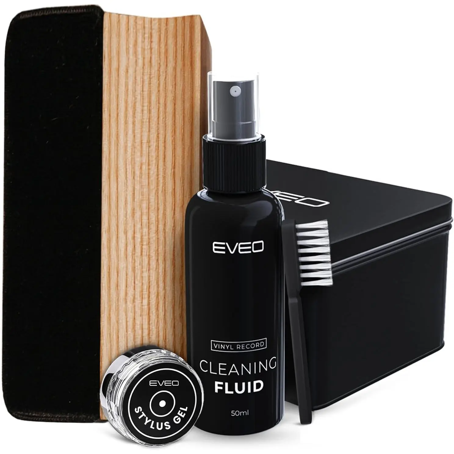EVEO Vinyl Record Cleaning Kit - 4-in-1 Premium Vinyl Record Cleaner & Vinyl Cleaning Kit with Velvet Brush, Vinyl Cleaner Liquid, Duster & Turntable Stylus Gel
