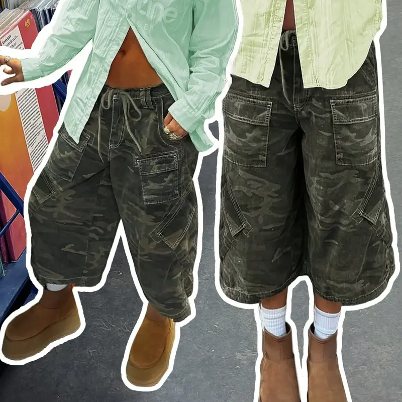 Vintage Washed Camo Camouflage Baggy Cargo Pocket Jorts, Y2K Grunge Aesthetic Wide-Leg Casual Drawstring Shorts, Casual Streetwear Bottoms, Perfect for Record Store Runs & Festival