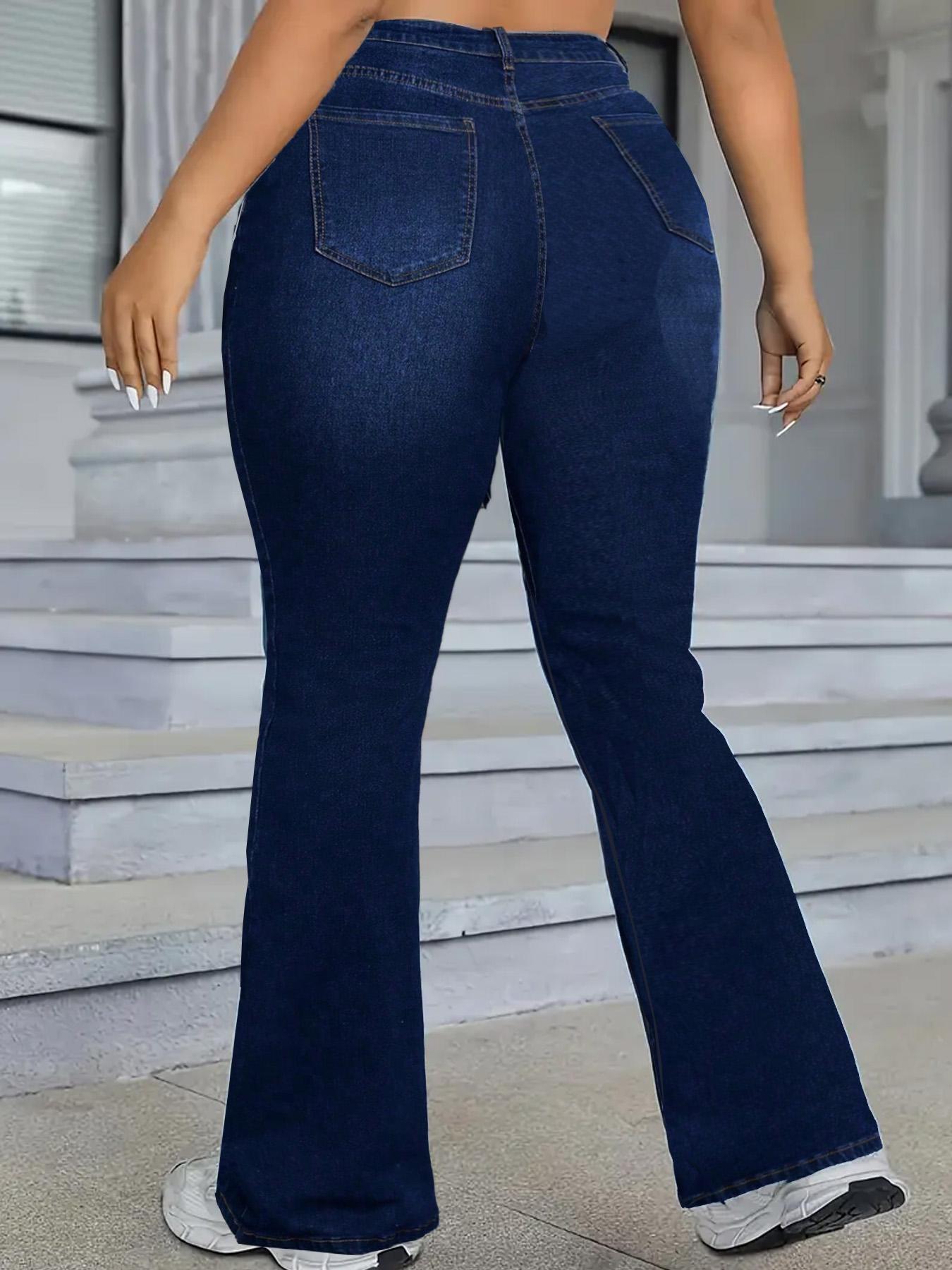 【Plus Size】 Flared High Waist Solid Color Button Fly Flare Leg Jeans, Casual Comfy Pocket Bell Bottom Denim Trousers for Daily Wear, Women's Bottoms for All Seasons