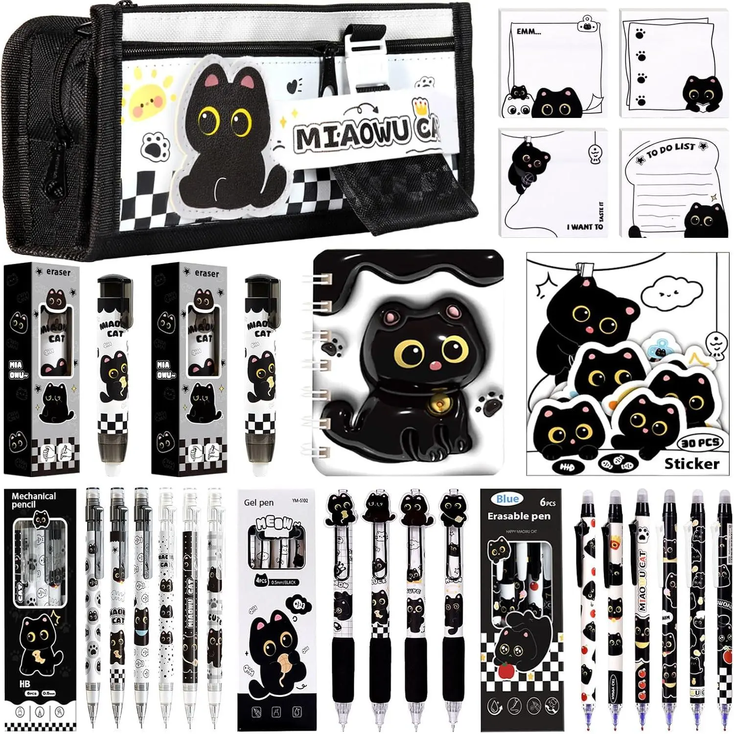 Black Kawaii Stationery Kit - Back to School Haul Supplies Set with Sticky Notes, Mechanical Pencils, Eraser, Notebook, Stickers | Kids' Birthday Gifts, Stationary Kit