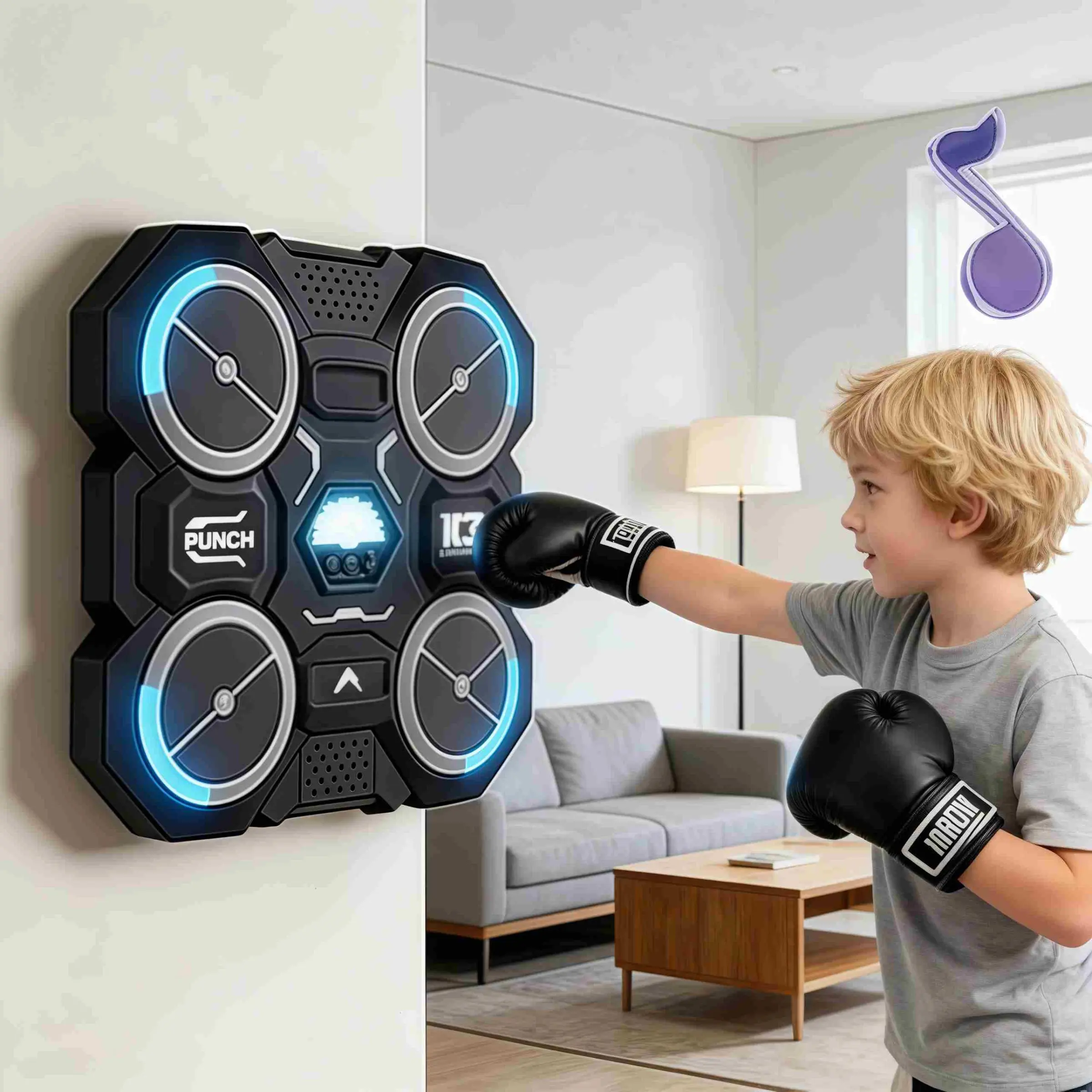 Smart Music Boxing Trainer, Music Boxing Machine for Kids and Adults, Portable Fitness Device, Home Gym Use, Includes Gloves, No Plug Needed, Battery Required