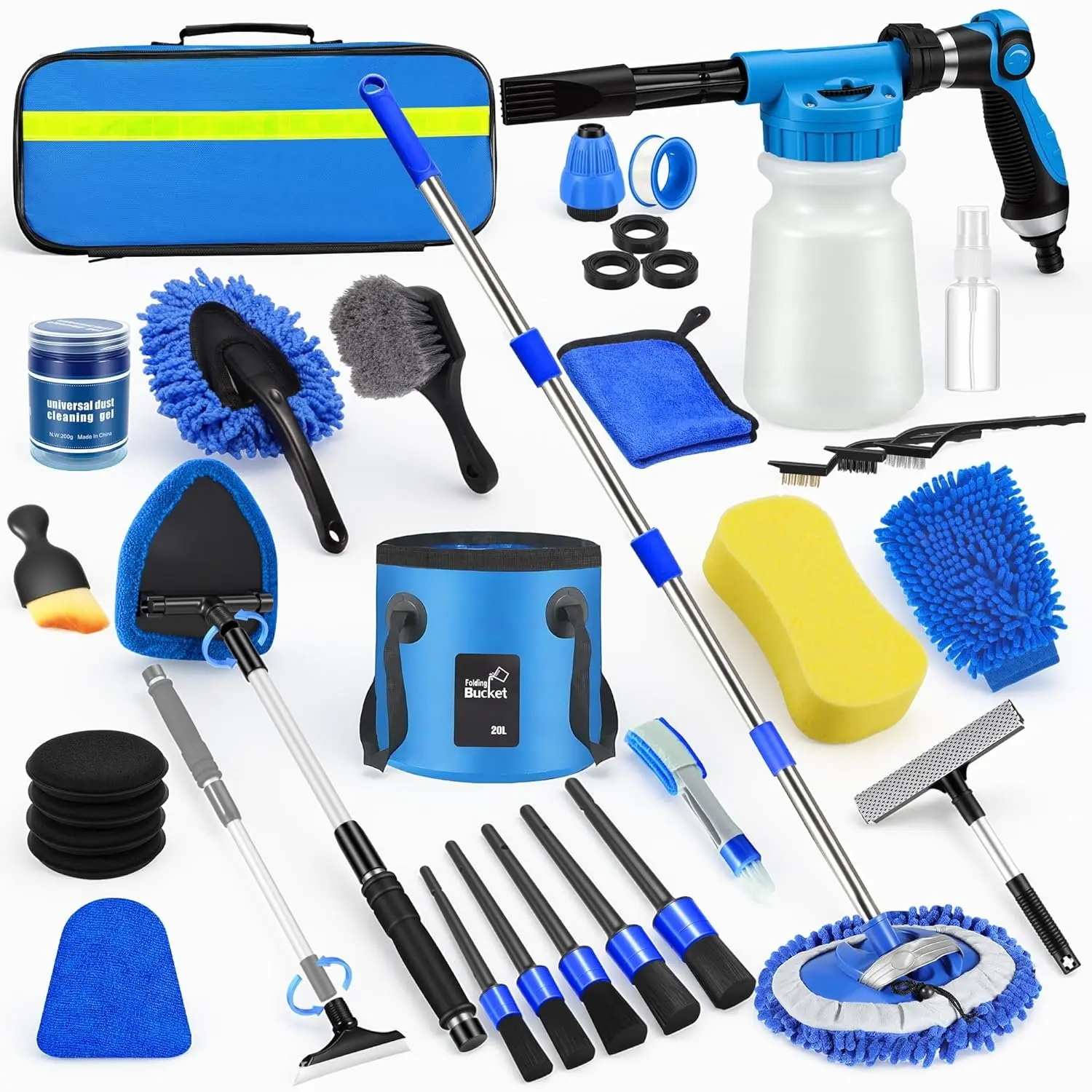 36 count Blue  Wash Detailing Kit, Cleaning Set with   Sprayer,Long-Handle Brush Mop,Large Collapsible Bucket,Complete  Wash   for Men and Women