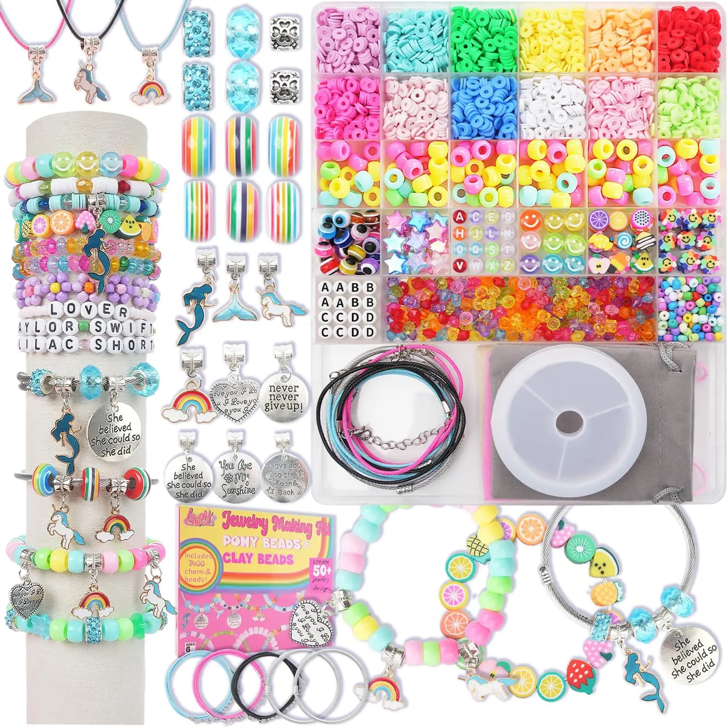 Bracelet Making Kit with 3400 Beads, Charms Making Supplies, Easy to Get Started, Endless Crafting Possibilities for Girls 6-12 Years (Christmas Birthday Gifts)