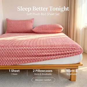 Aesthetic Grid Embossed Plush Fitted Sheet & Pillowcase Set, Soft Warm Textured Bedding Kit, 360° Wrap Elastic No Shift Mattress Cover, Air Permeable Smooth Bed Linen For Autumn Winter Room Styling