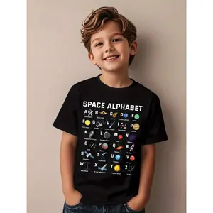 Space Letters ABC A-Z Children's T-Shirt - Educational Solar System And Planet Pattern Short Sleeved Round Neck Top, Suitable For Both Boys And Girls, Soft And Elastic Casual Style, Machine Washable Astronomical Themed Learning Clothing