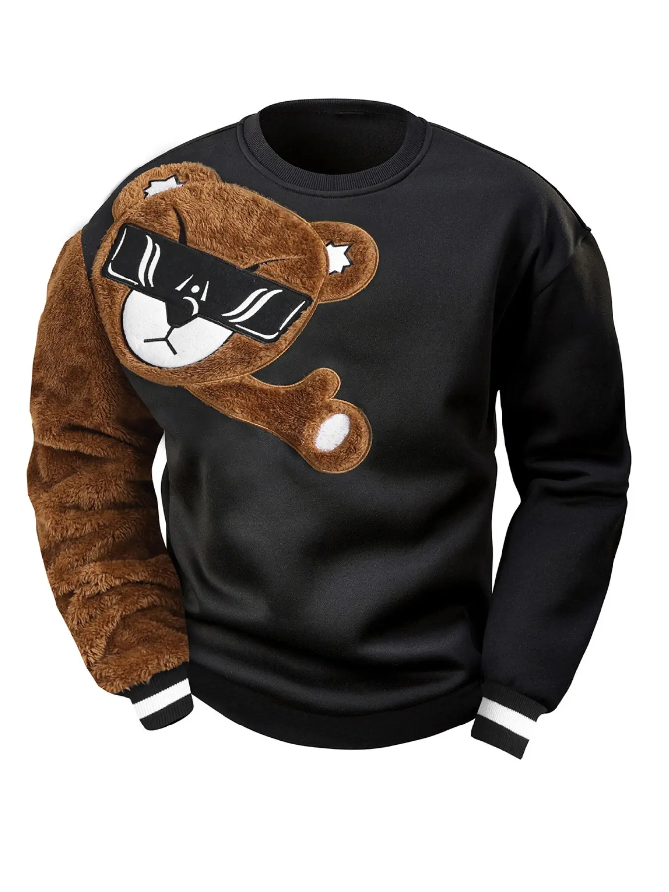 Men 3D Fuzzy Bear Crew Neck Sweatshirt Plush Patchwork Sleeve Cartoon Bear Streetwear Pullover