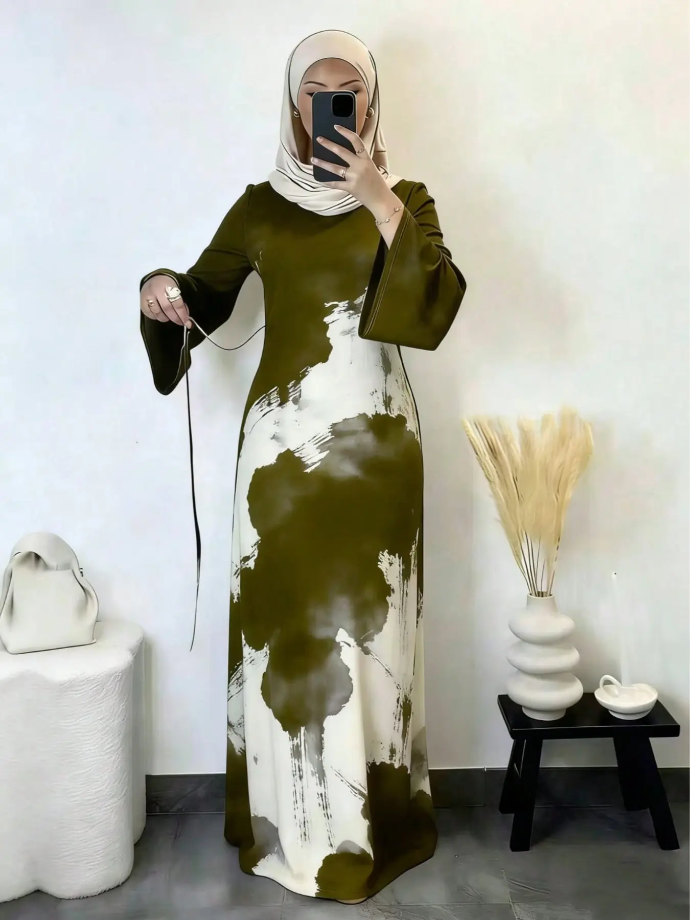 Elegant Flowy Kaftan Arab Maxi Dress, Round Neck Gradient Print Knit Robe With Long Flared Sleeves, Modest Outfit For Muslim Women Daily Party Vacation Occasions