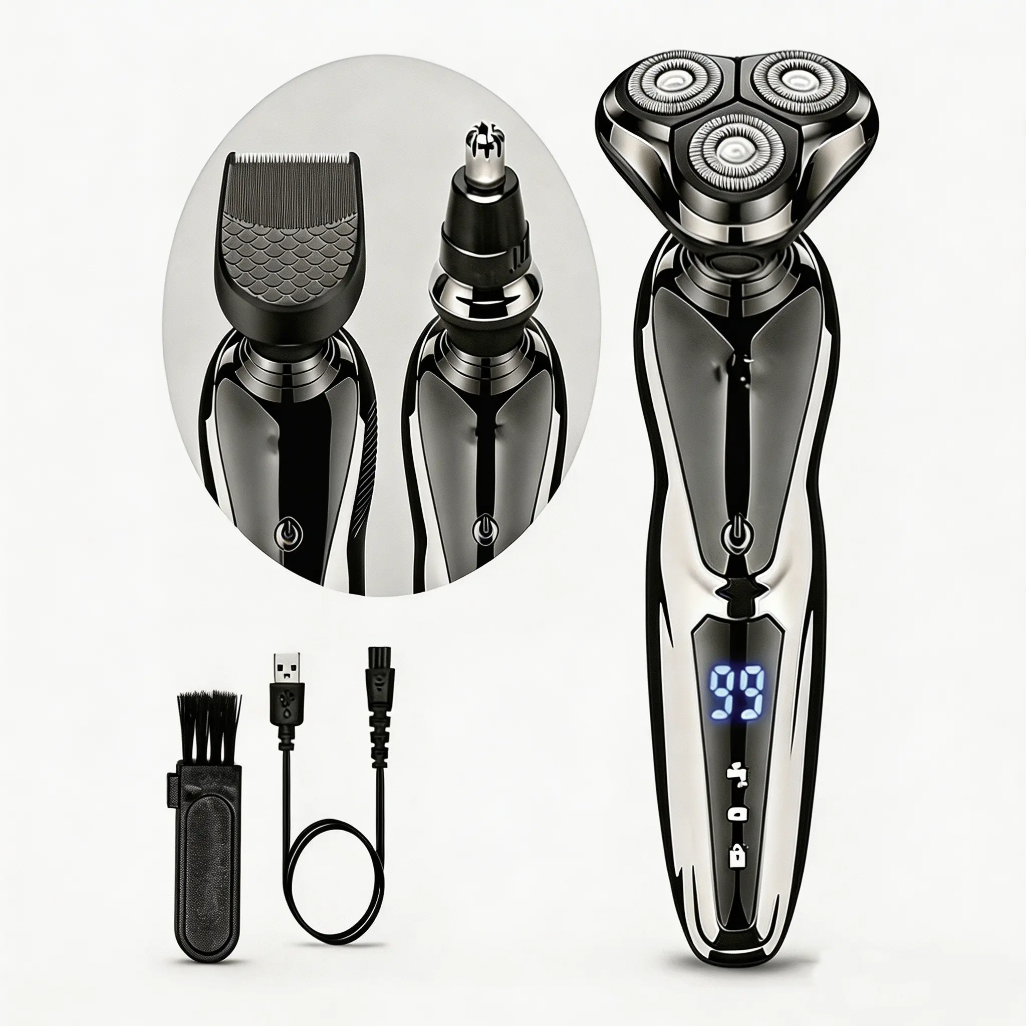 Electric Razor for Men - Rechargeable Electric Shaver for Men, Waterproof Wet Dry Cordless Razor with Nose Hair Trimmer and Sideburns Trimmer, USB Rechargeable Shaver