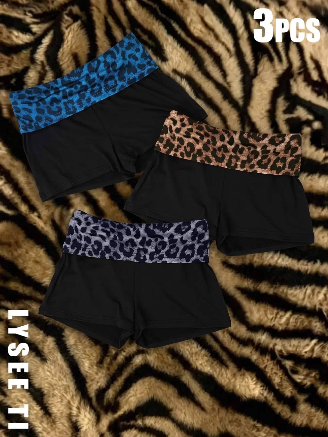 3 Piece Set Women's Leopard Print Folded High Waist Design Satin Shorts, Y2K Retro Slim Fit Casual Clubwear Mini Pants, Fashionable Ladies' Bottoms