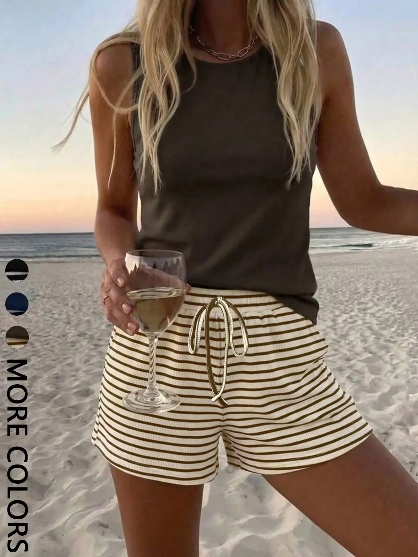 Summer Round-Neck Sleeveless Vest & Striped Shorts Beach Set, Casual Slim-Fit Matching Set