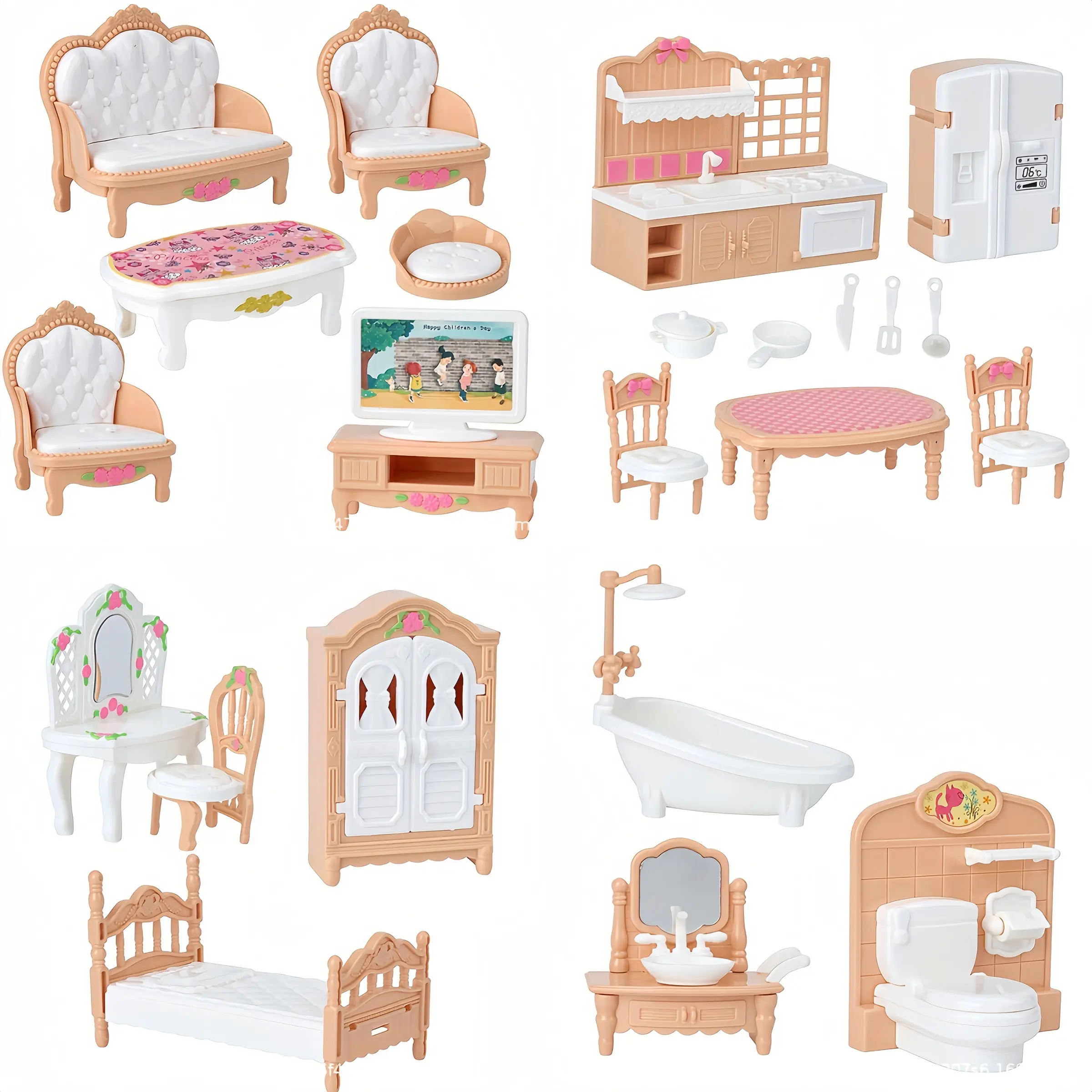 Mini Doll Furniture Set, Doll House Furniture for Kids, 4 Room Themes for Educational Role Play, Perfect Gift for Birthdays & Christmas, Doll Playsets